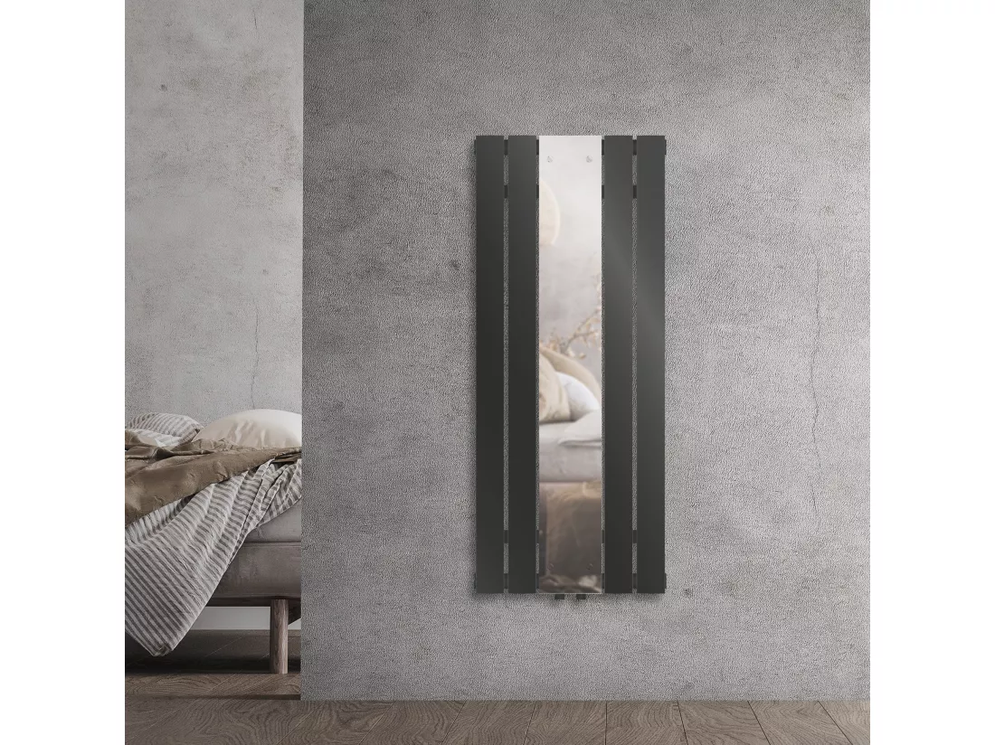Radiateur plat vertical anthracite avec miroir en verre raccord central 45x120cm