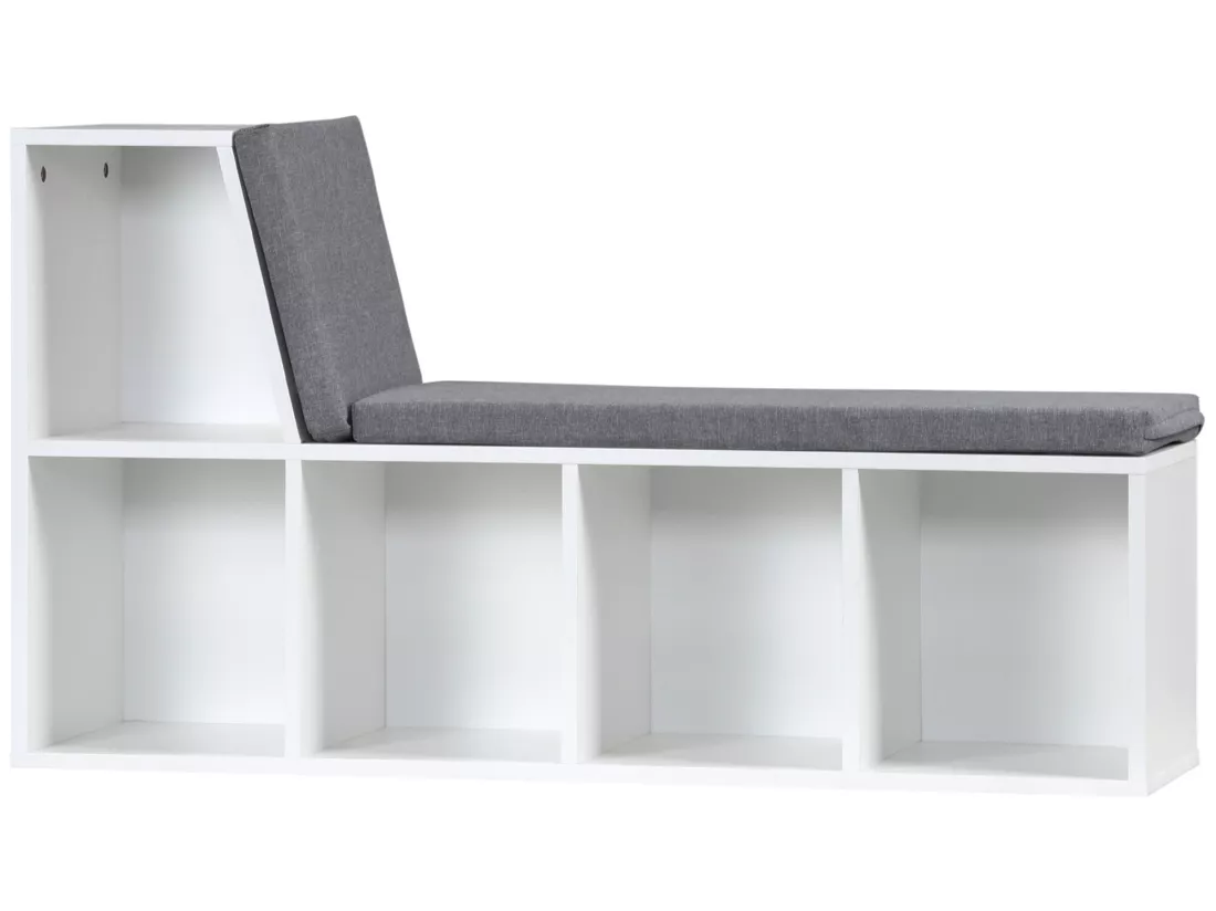 Bibliothèque banc 2 en 1 design contemporain 5 casiers 2 coussins fournis 108L x 30l x 60H cm blanc gris chiné