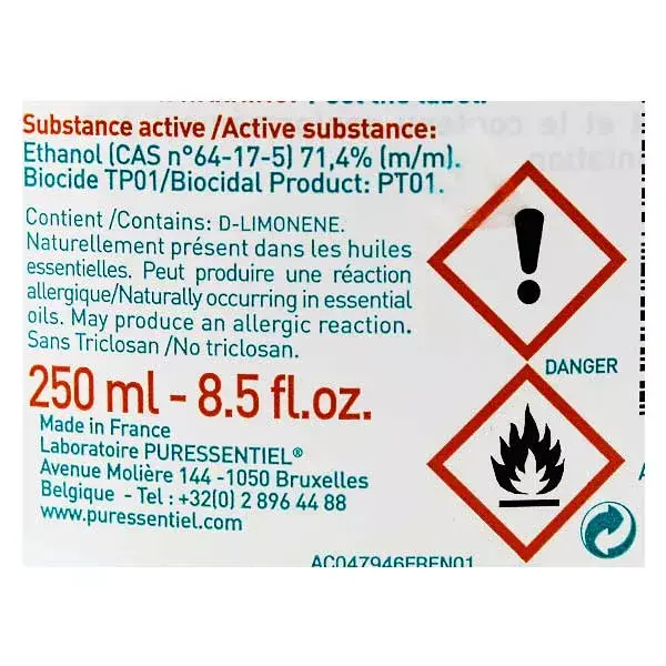 Loção desinfetante em spray Puressentiel, antibacteriana para mãos e superfícies, 250ml