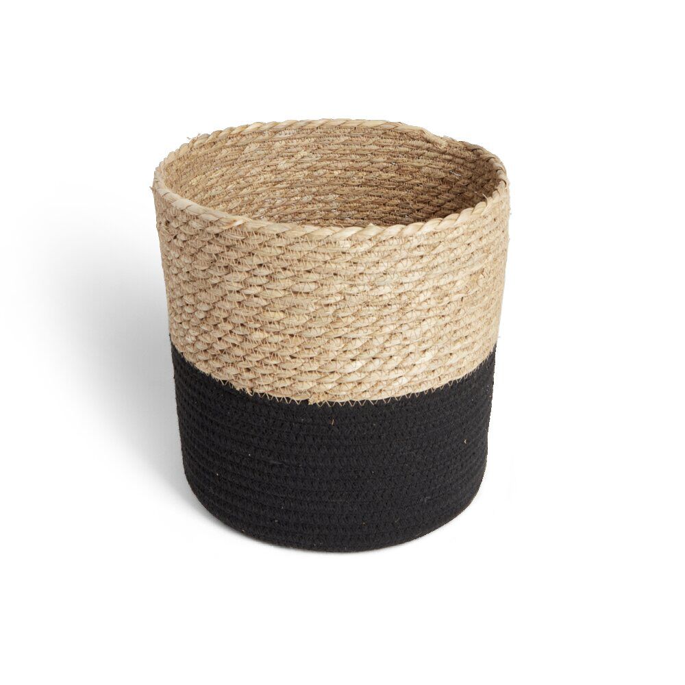 Panière tressée bi-matière coton et jacynthe noir et naturel Ø27xH24cm