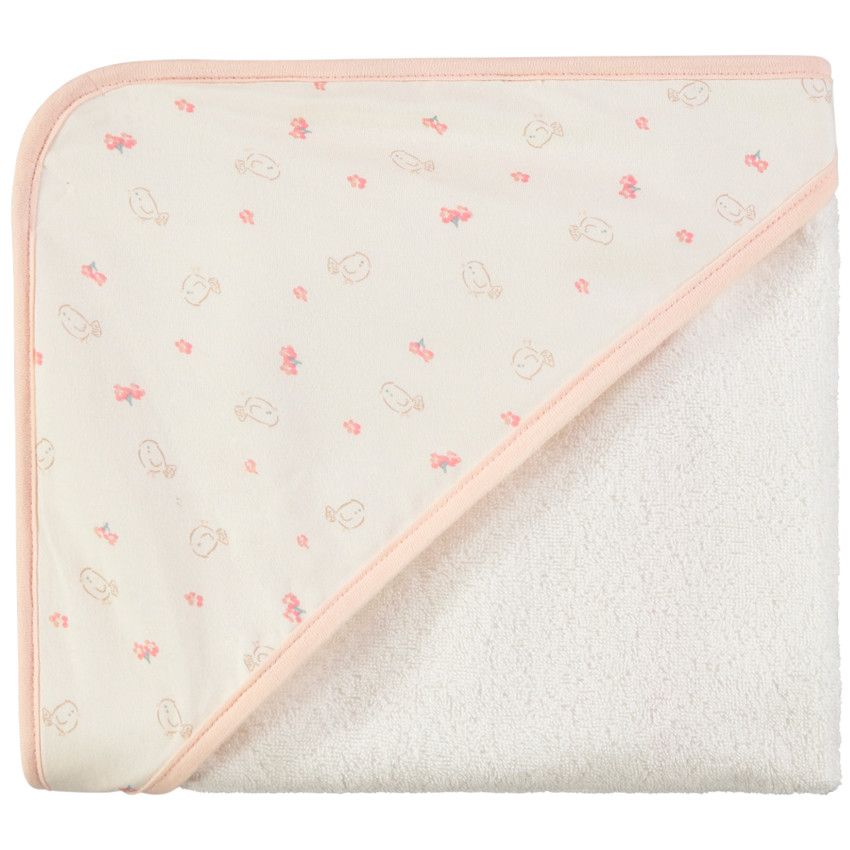 Cape de bain en éponge imprimé poussins pour bébé fille - Ecru