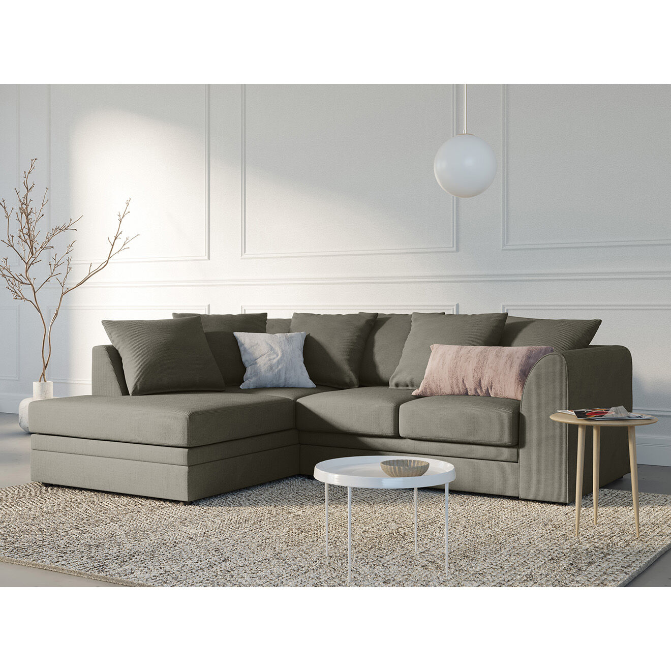 Mazzini Sofas Canapé d'angle Gauche Quince Velours côtelé 4 Places gris clair - 221x171x80 cm