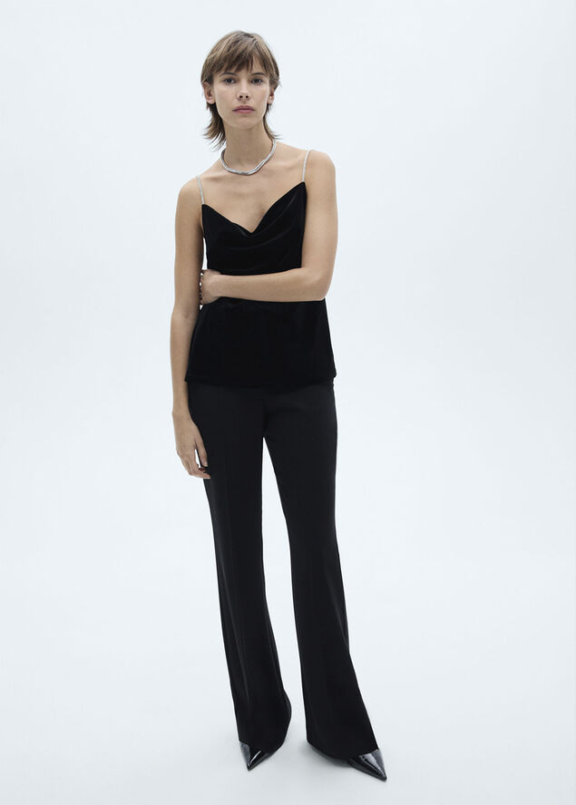 MANGO Velvet top with rhinestone straps Black