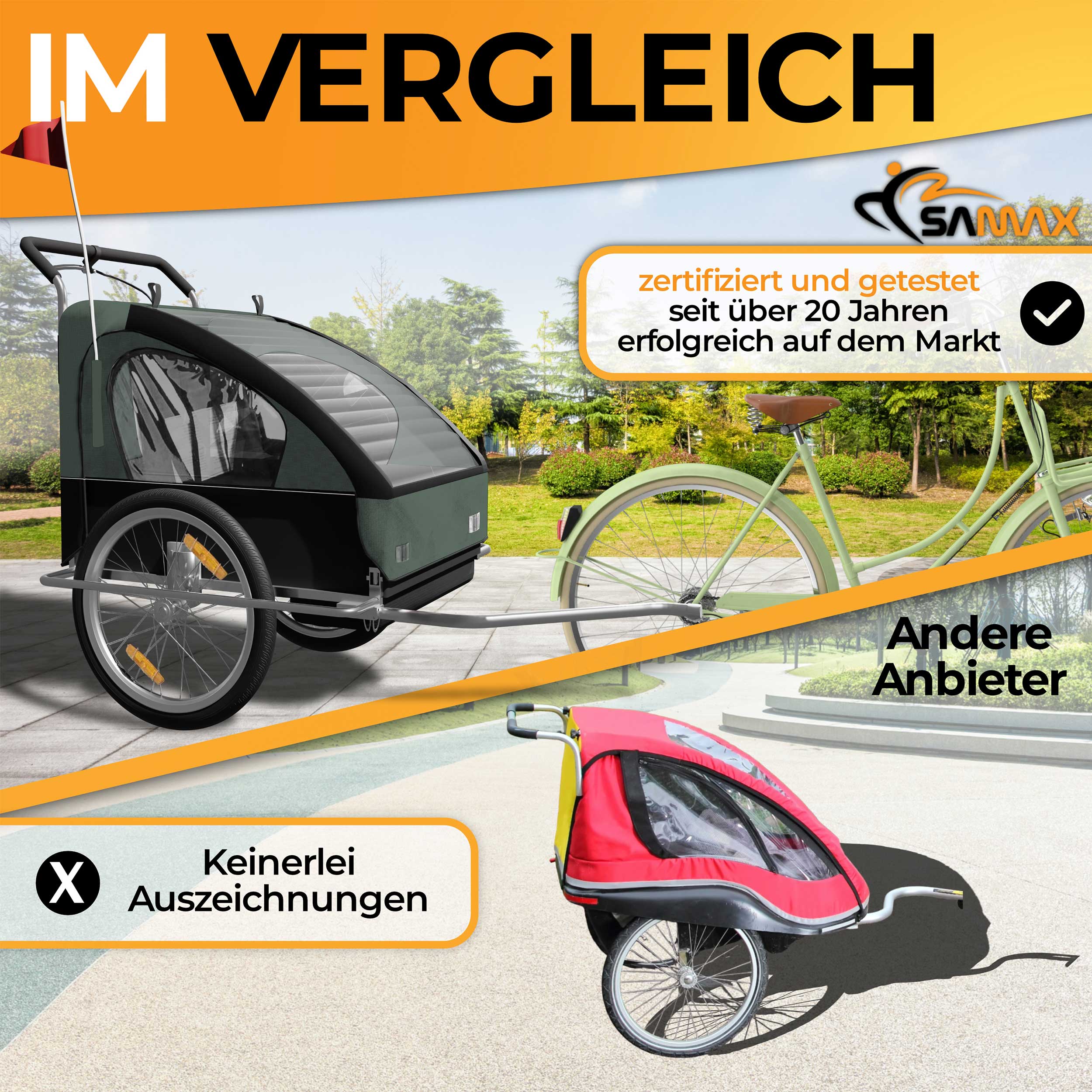 SAMAX Fahrradanhänger 2in1 Jogger - in Dunkelgrün/Schwarz - Silver Frame