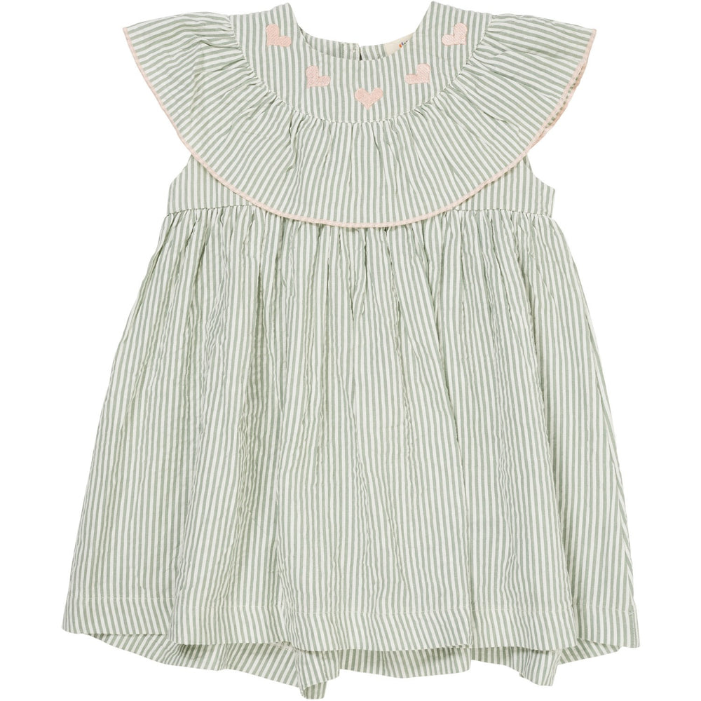Køb COPENHAGEN COLORS Green W Cream Stripe W. Dusty Rose Seersucker Kjole W. Heart