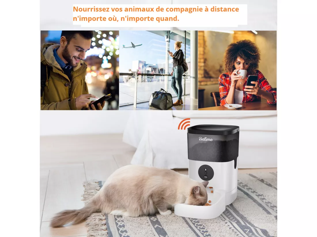 WIFI Distributeur de Croquettes Balimo 4L pour Chats/Chiens Télécommande Téléphone Portable LCD,Adaptateur Secteu /Batterie,Fonction d'Enregistrement