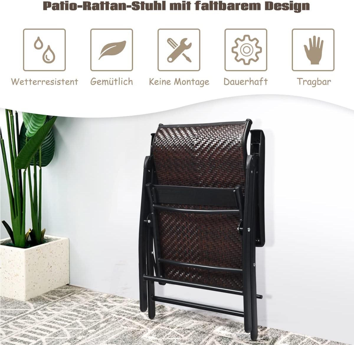COSTWAY 2er Set Gartenstühle Polyrattan, Klappstühle mit 5-Fach Verstellbarer Rückenlehne, Hochlehner Balkonstühle, wetterfeste klappbare Terrassenstühle für Garten, Balkon, Terrasse