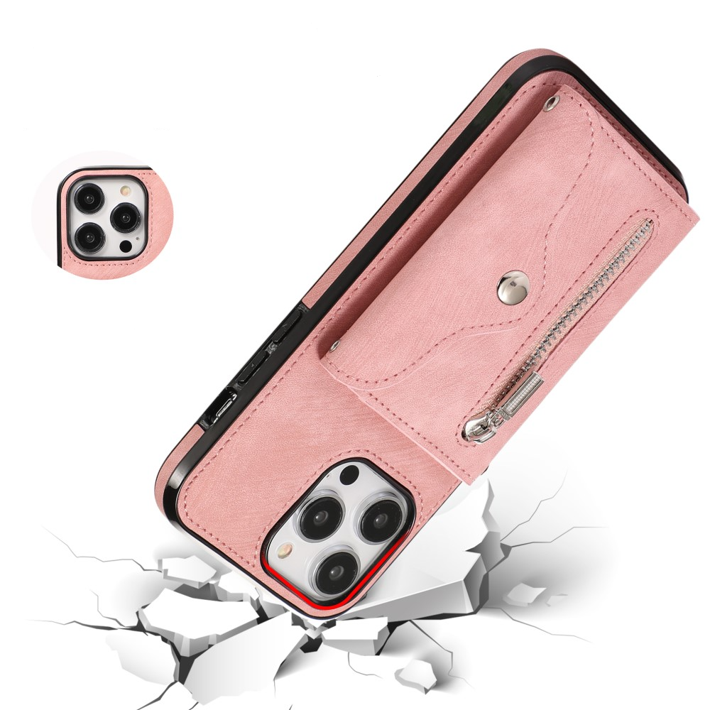 iPhone 14 Pro Max Necklace Leder Schutz Hülle mit Kartenfächer   Handykette (RFID Schutz) - Rosa