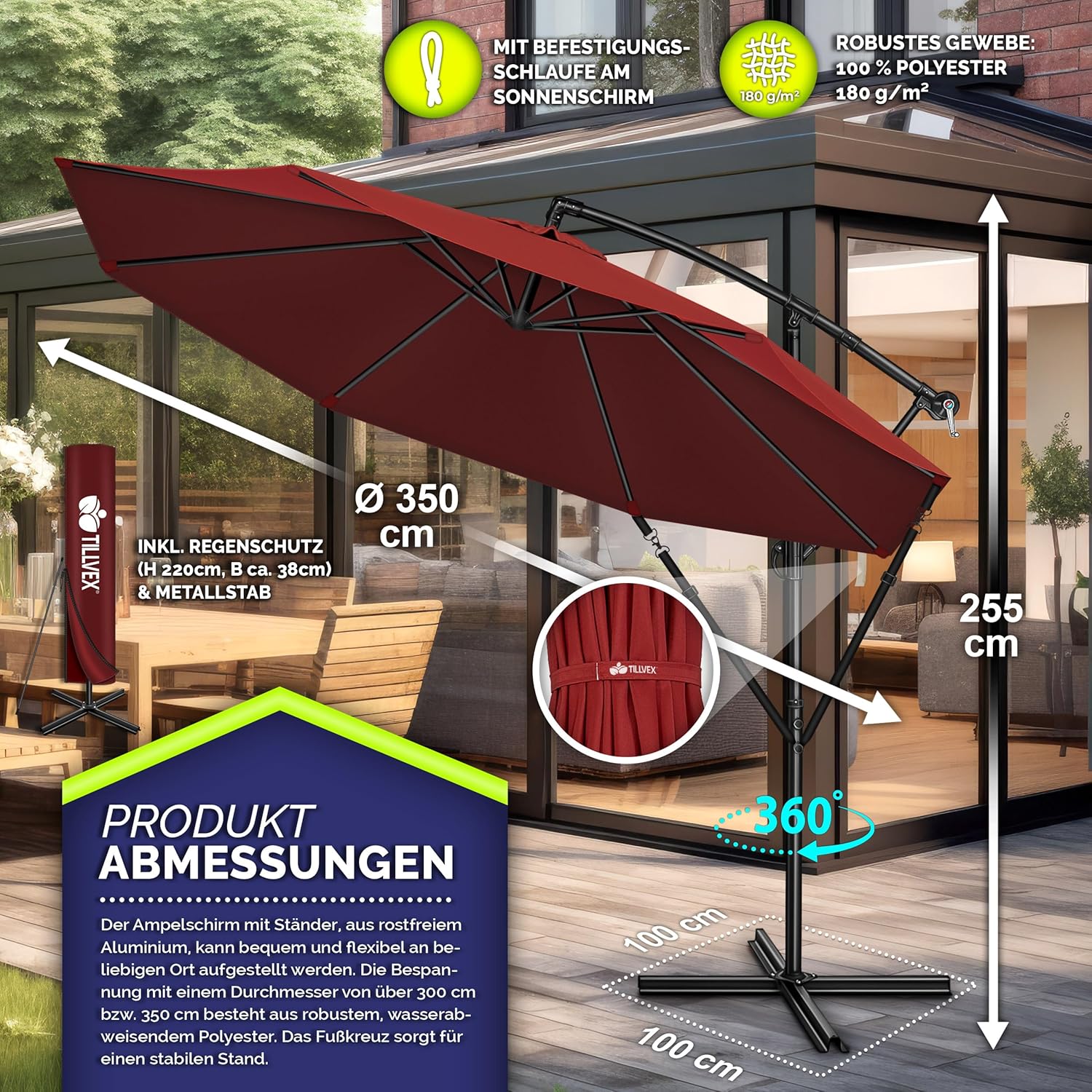 tillvex Alu Sonnenschirm + Abdeckung Ø 300 cm mit Kurbel | Ampelschirm mit Ständer & Windschutz | Gartenschirm UV-Schutz Aluminium | Kurbelschirm Marktschirm wasserdicht 360° drehbar