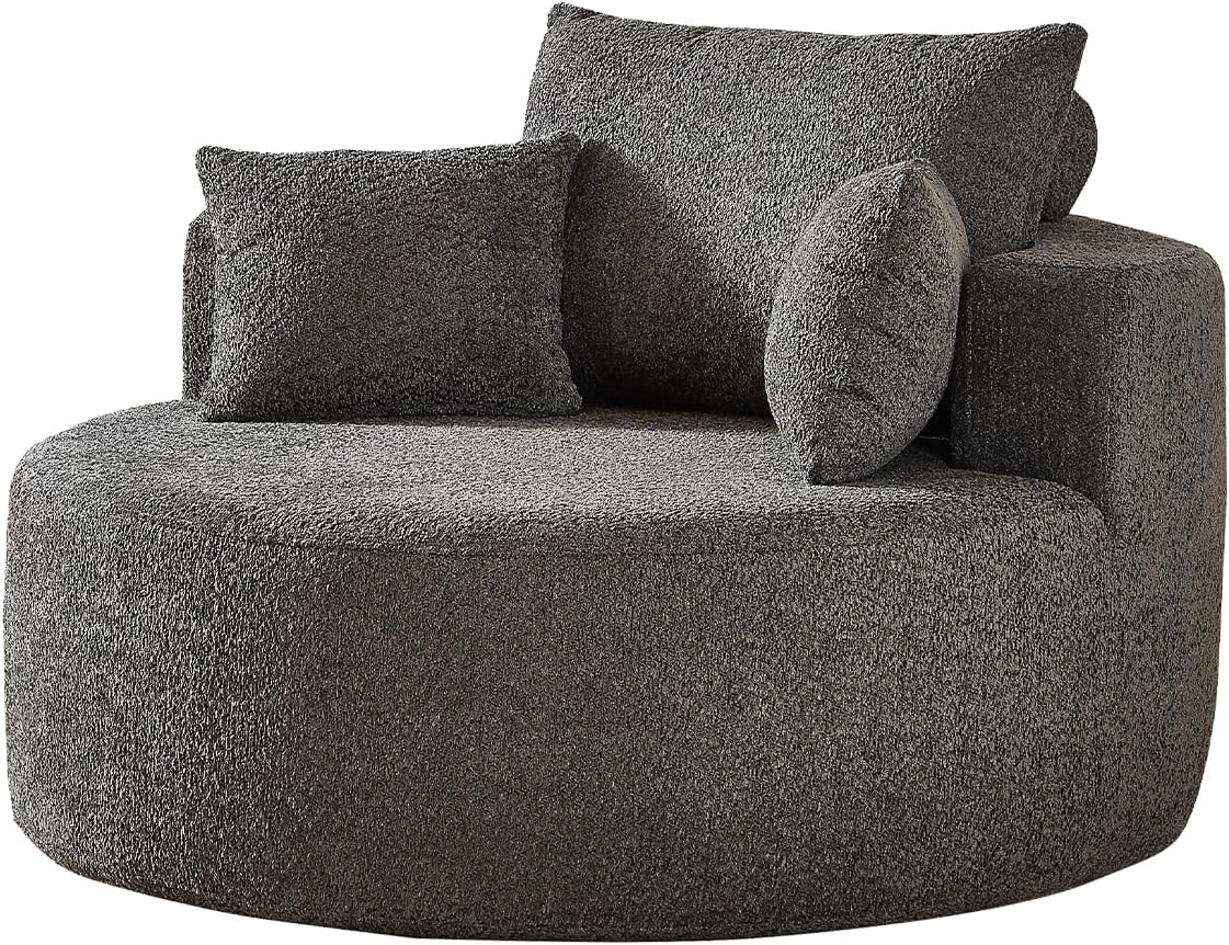 Single Chair, Sleeping Chair, Oversized Round Chaise Lounge Chair, Barrel Single Chair, Circle Sofa Bed Chair, Boneless Sofa for Living Room Bedroom, Modern Loveseat Chair, Chenille Grey