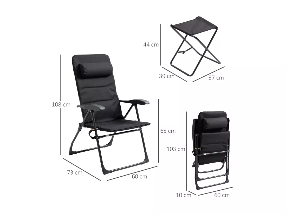 Chaise longue et repose-pied pliables - dossier réglable multi-positions - tétière, poche rangement, poignée - acier époxy polyester noir