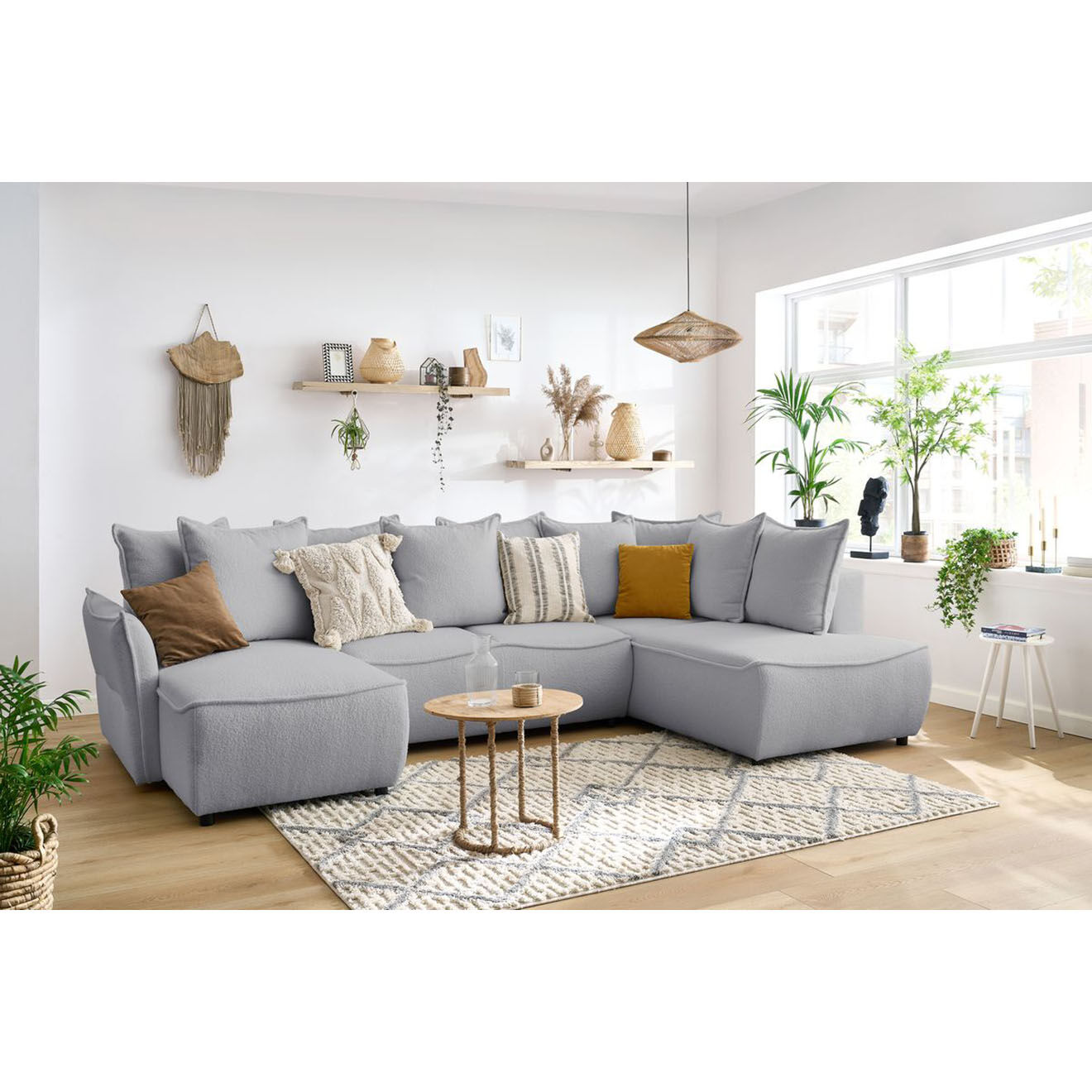 Bobochic Canapé panoramique convertible coffre d'angle gauche bouclette léon gris clair - 320x194x90 cm