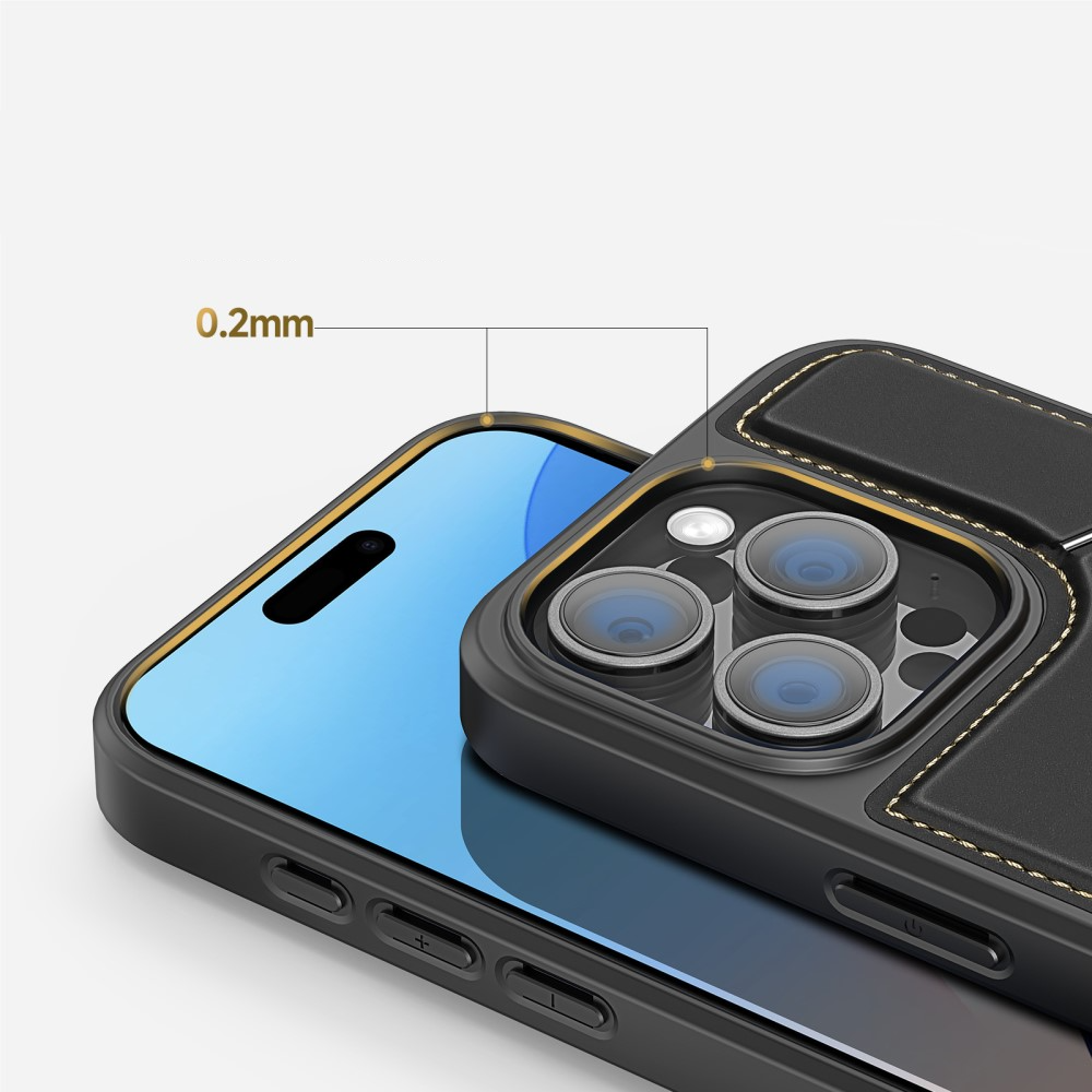 iPhone 16 Pro MagSafe Hybrid Leder Hülle mit Kartenfach   Kickstand Aufsteller (RFID Schutz) - Schwarz