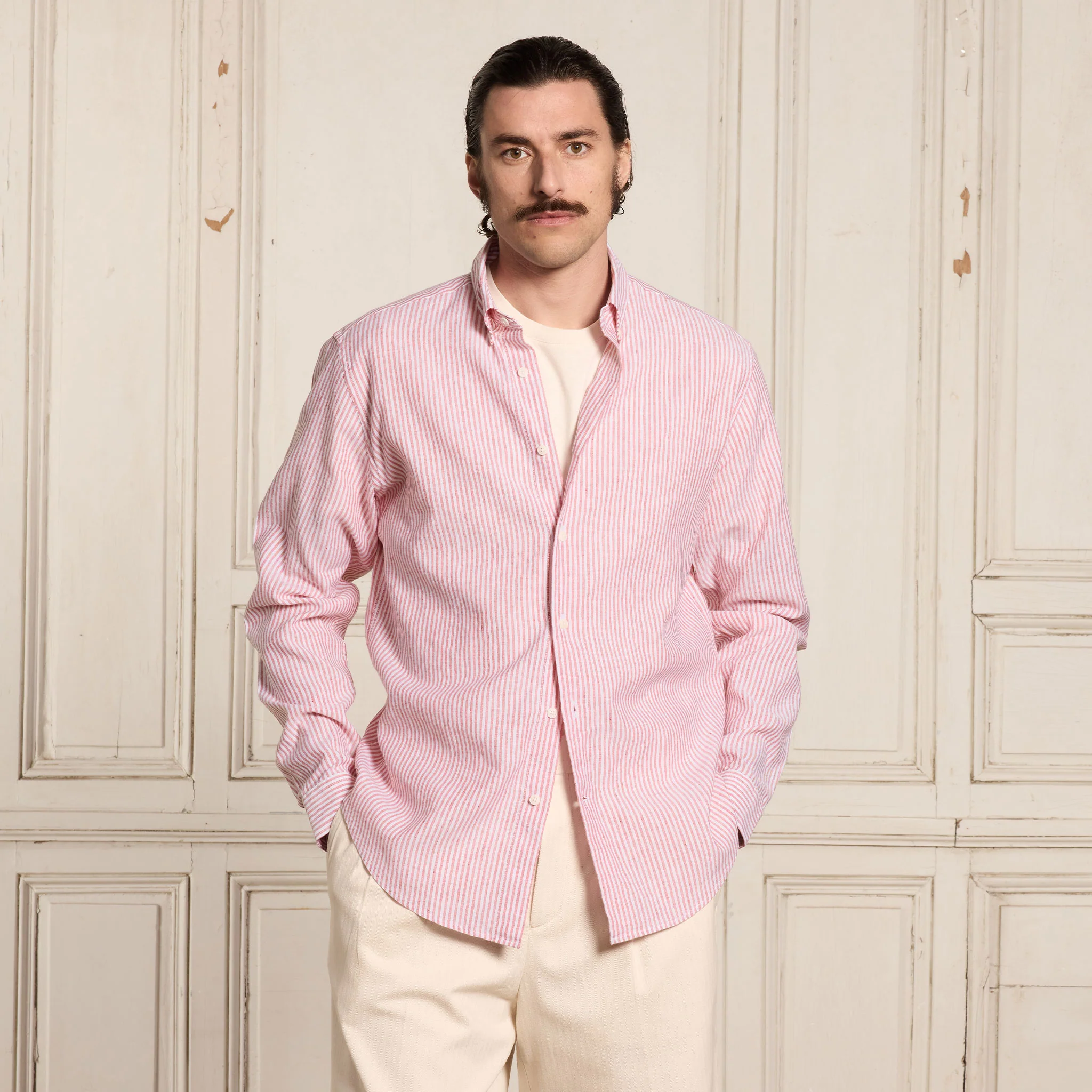 Burgundy striped cotton and linen shirt