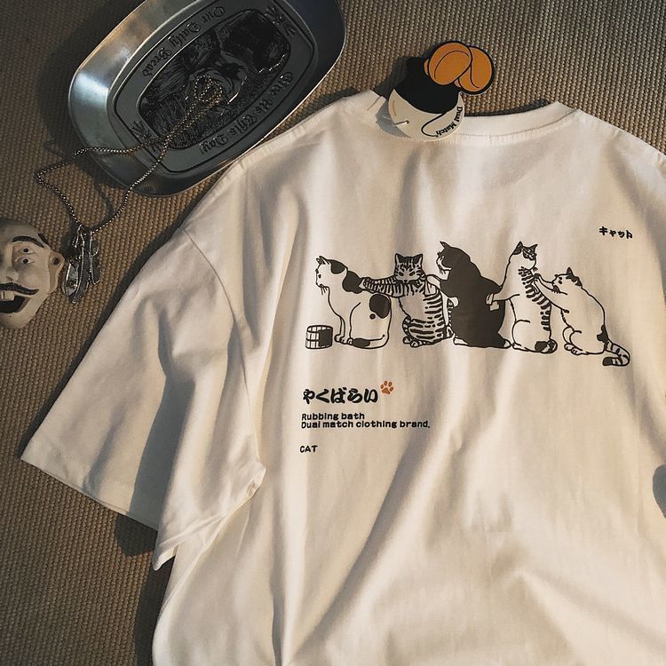 Rosesand - Unisex T-shirt met korte mouwen en katten- en letterprint, losvallend