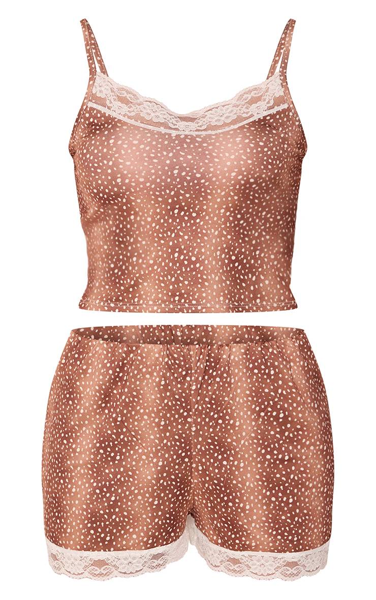 Beige Ensemble Pyjama Court À Imprimé Cerf Avec Bordure En Dentelle Contrastée