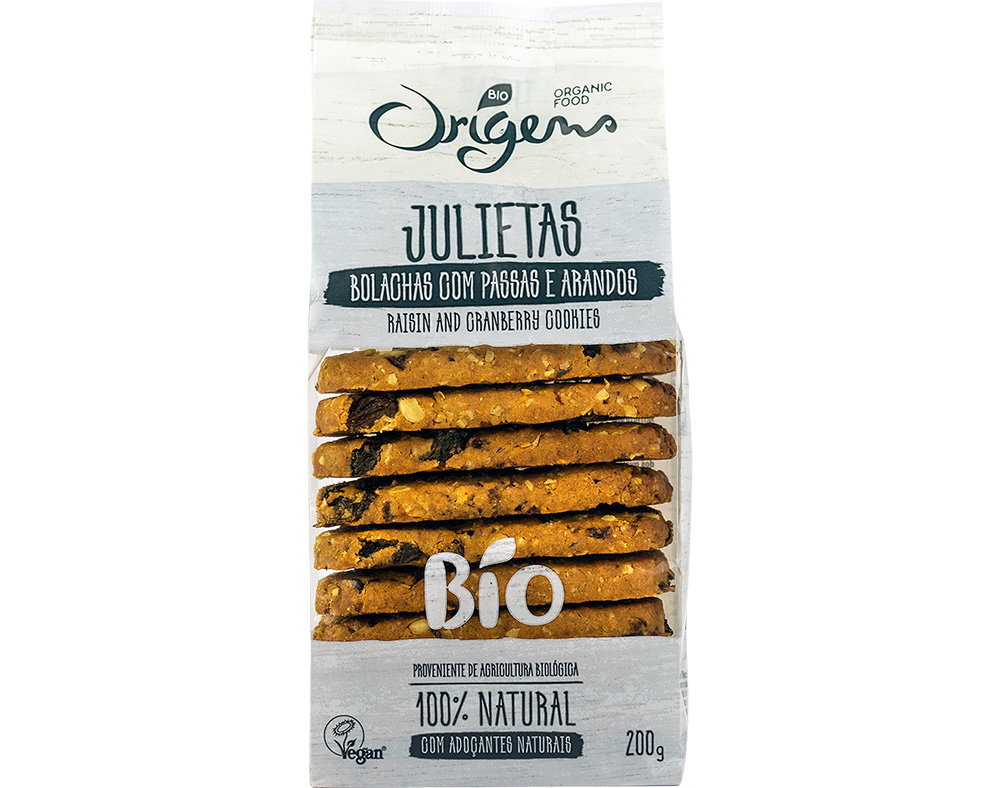 BOLACHAS JULIETA'S ORIGENS BIO PASSAS E ARANDOS 200G