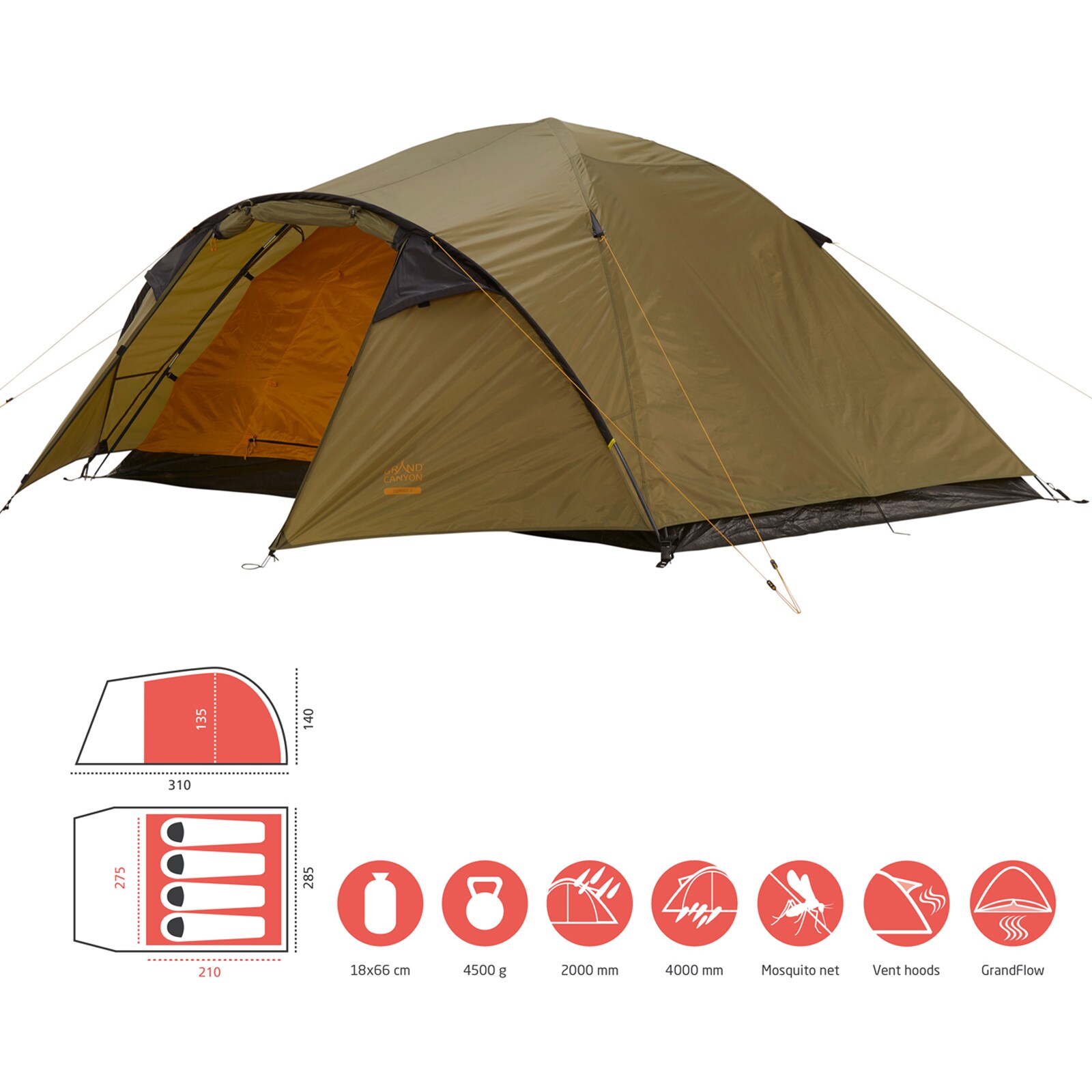 GRAND CANYON Iglu Zelt Topeka 4 Personen Kuppel Trekking Camping Leicht Vorraum Farbe: Capulet Olive