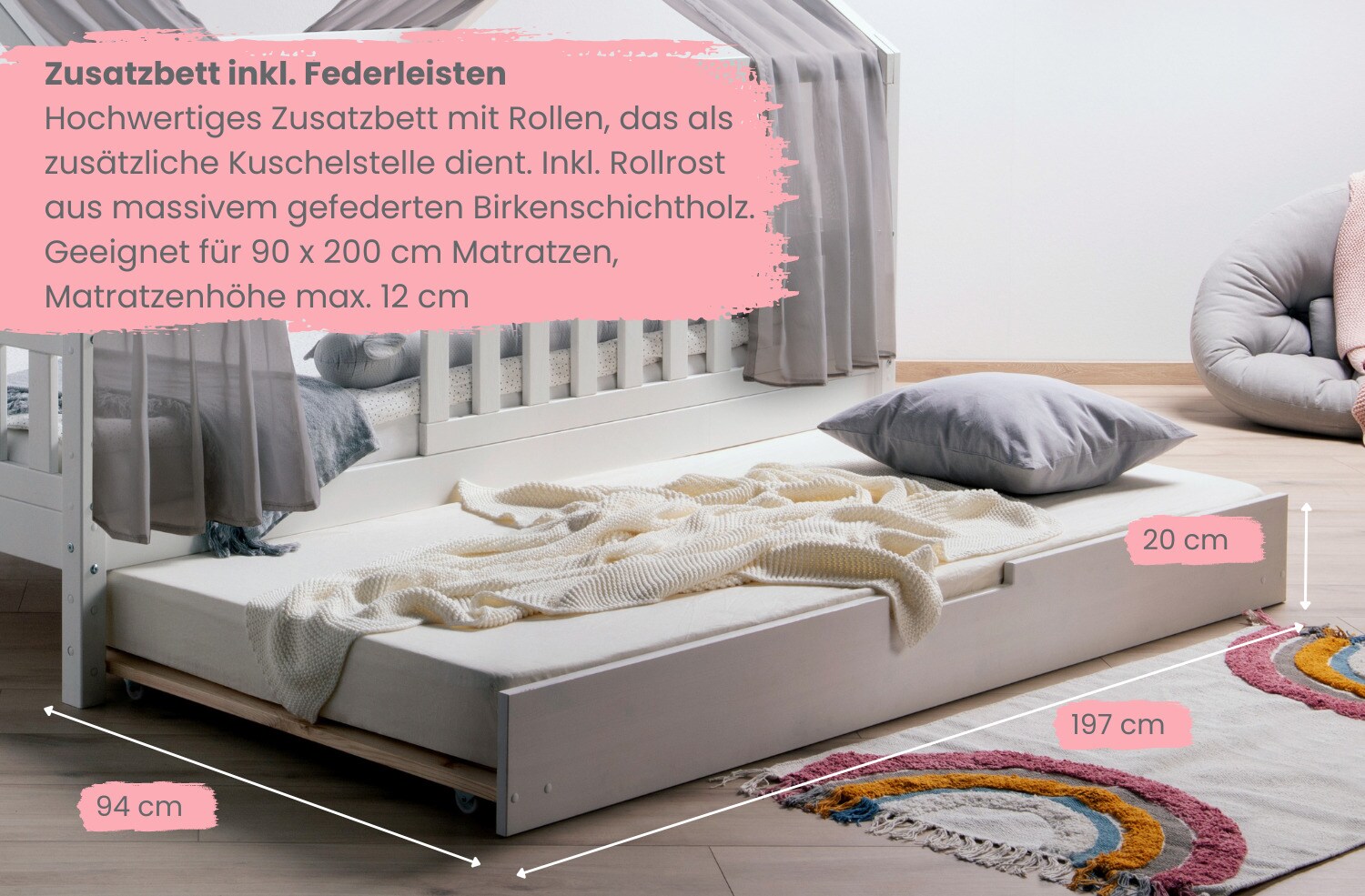 TiCAA TiCAA Kinderbett Hausbett mit Tüll Kim 90x200 cm, 100x200 cm, 120x200 cm, 140x200 für Jungen & Mädchen, inkl. Rolllattenrost, Zusatzbett und Rausfallschutz variabel, MontessoriBett weiß aus Kiefer Massivholz
