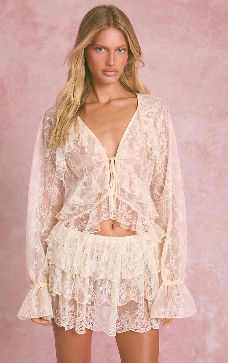 Crème Ensemble Jupe Mini À Volants En Dentelle