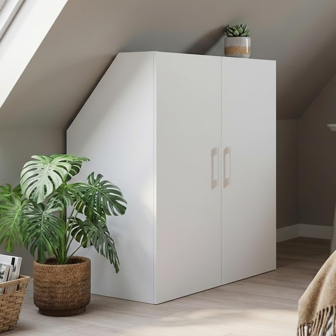 Bellamio Aland Dachschräge Regal in weiß – Dachschrägenschrank mit 2 Türen & 3 Fächern – Bücherregal/Kleiderschrank – platzsparender Stauraum für schräge Wände – Nischenschrank 100x90x52 (HxBxT)
