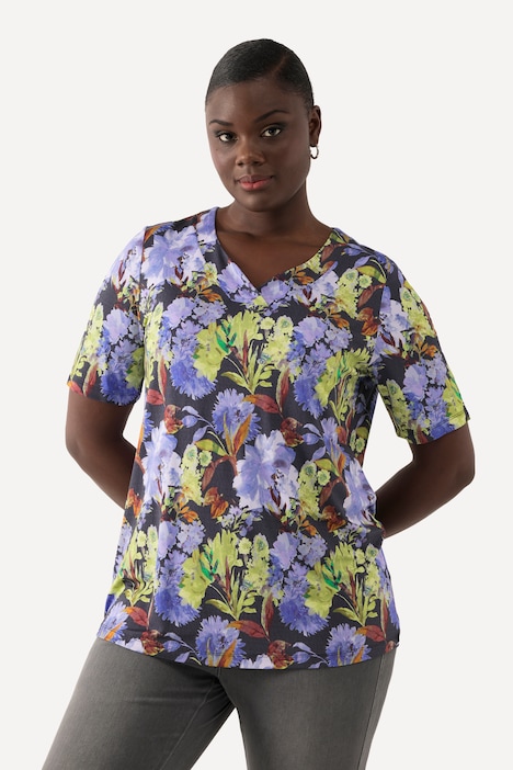 Slinkyshirt, Blüten, Classic, V-Ausschnitt, Halbarm