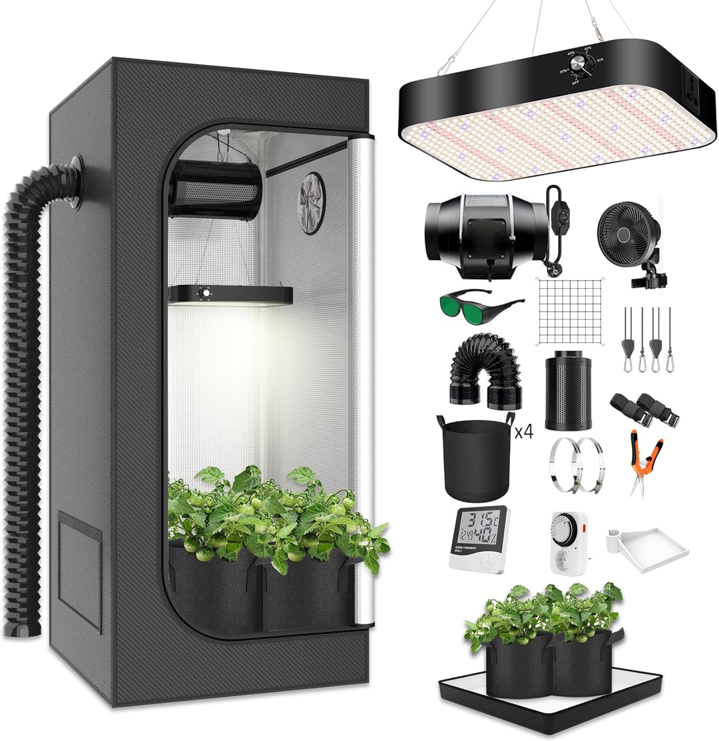 Growzelt Komplettset Grow Tent Kit 140x140x200cm mit 200W LED Vollspektrum Grow Lampe Dimmbar, GrowZelt Kit Komplettes Hydroponics Grow Tent Complete Set