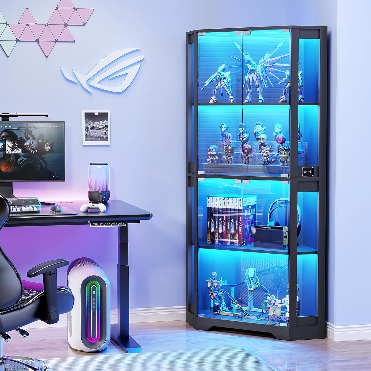 Eckvitrine mit Glastüren, Tall 165cm Eck Bücherregal mit 3 Farben Led Beleuchtung, 4-Ebenen Vitrinenschrank mit Intelligente Sensorik für Wohnzimmer Schlafzimmer Büro, Schwarz