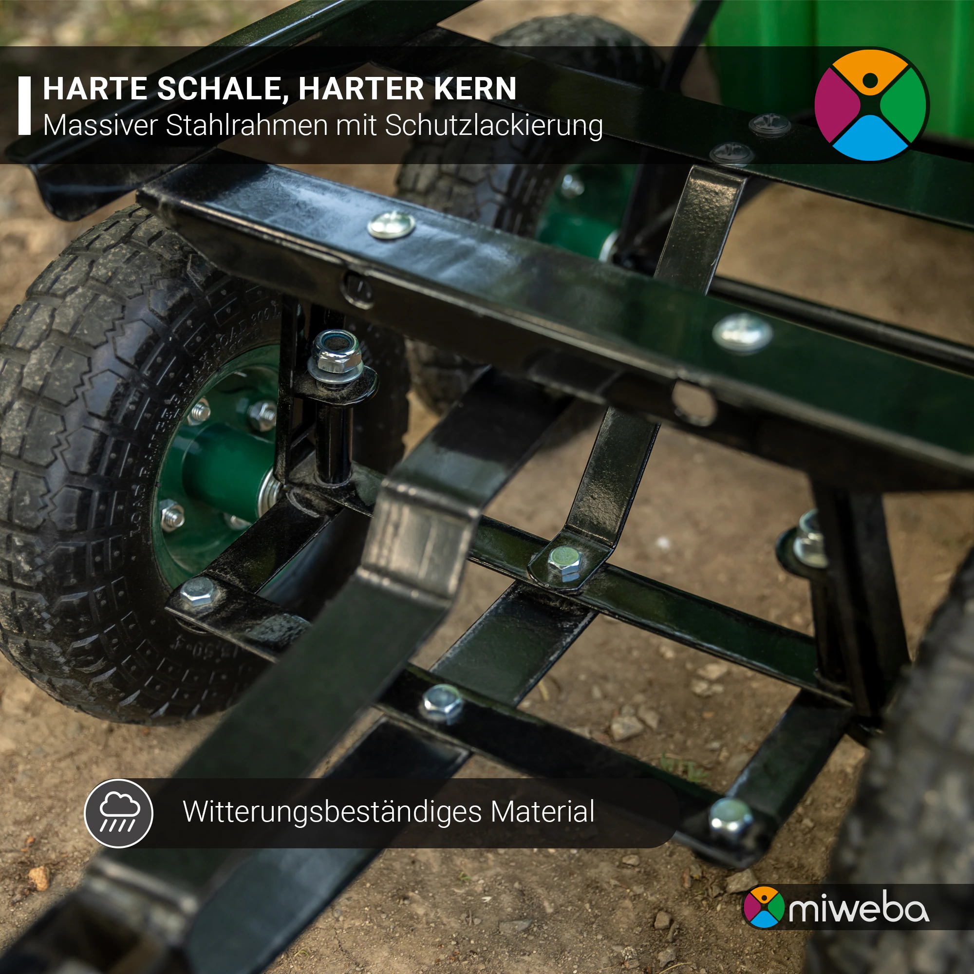 Miweba Bollerwagen Dumper, verriegelbare Kippfunktion, robuste PP-Wanne, Anhängerkupplung, bis 300kg (Grün)