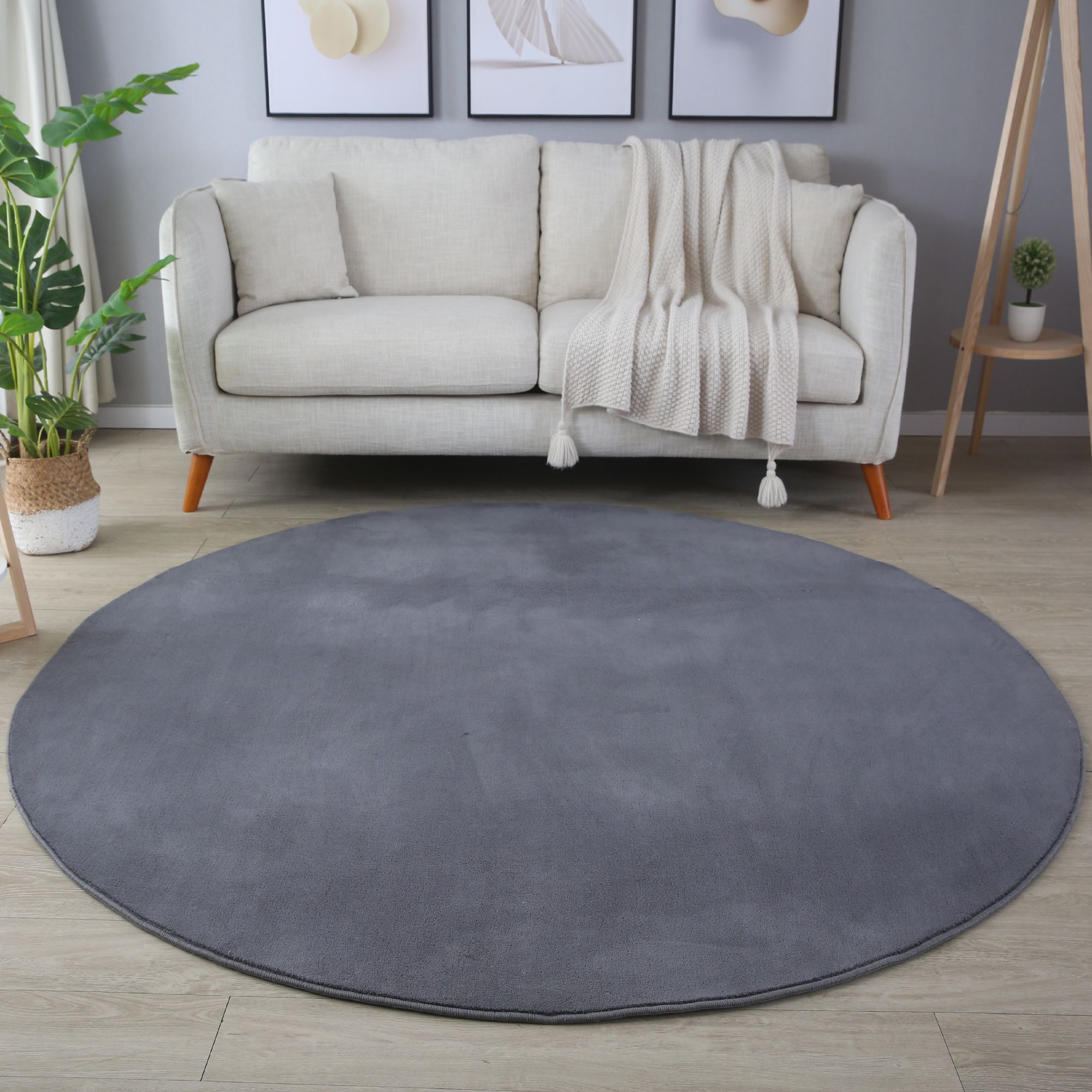 Waschbarer Runde Teppich, Kurzflor Flauschig Weich, Einfarbig, Felloptik, Soft