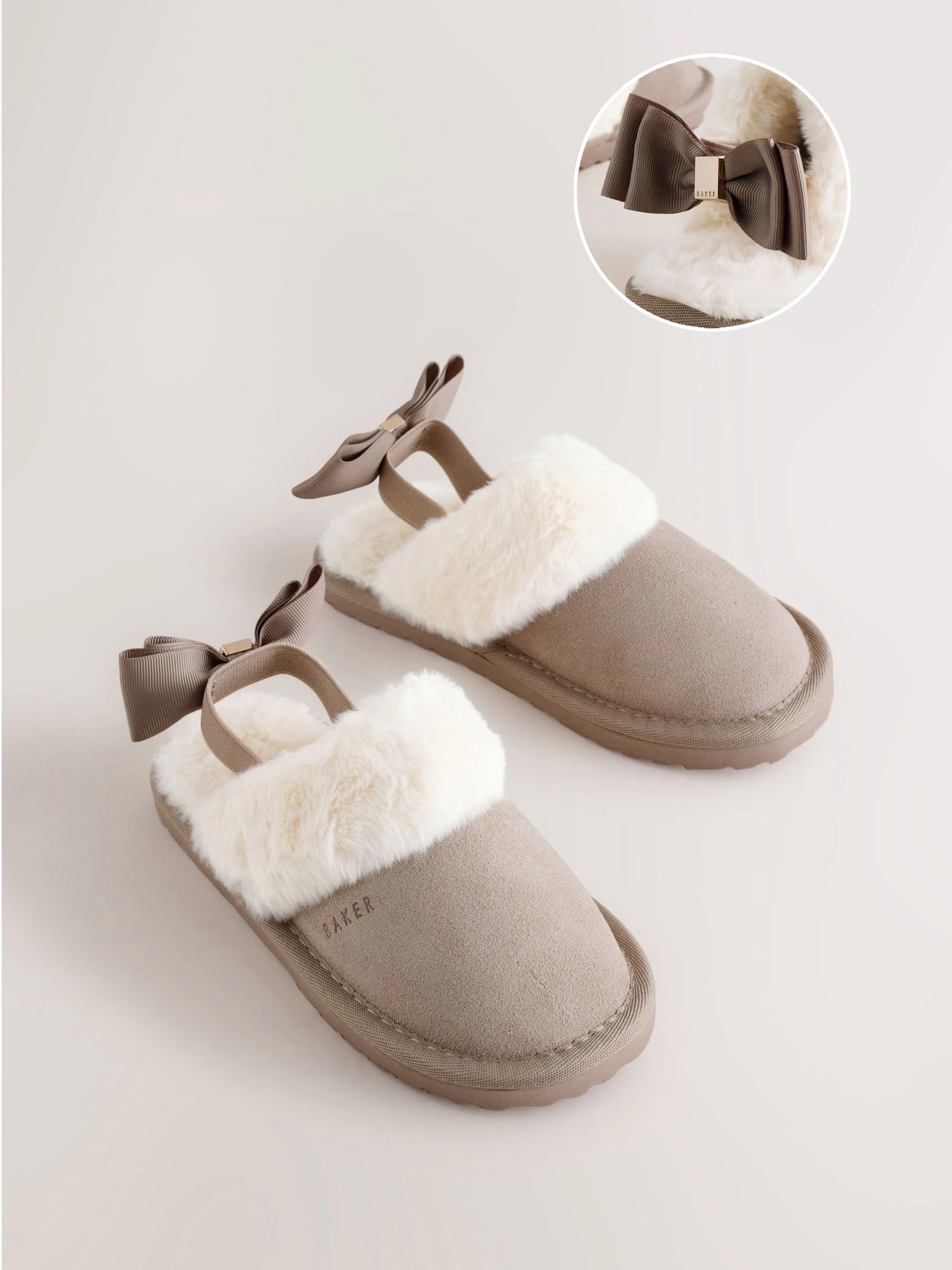 Neutraal - Baker by Ted Baker Girls Suede Faux Fur Mule Slippers with Bow