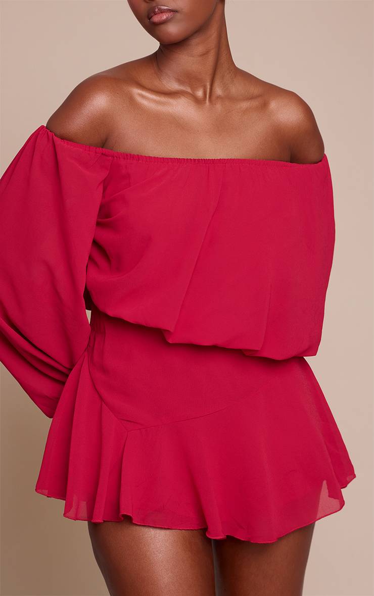 Rouge Bordeaux Combi-short Jupe-culotte En Mousseline Vert Foncé À Une Épaule Avec Détail Flottant