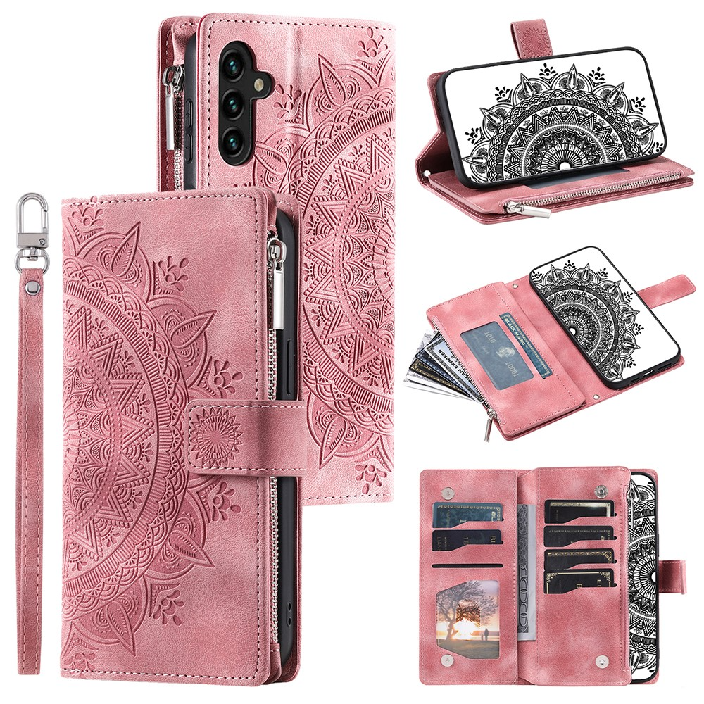 Samsung Galaxy A54 5G Leder Tasche Flip Cover mit Reissverschluss - Mandala Flowers Imprint - Rosa
