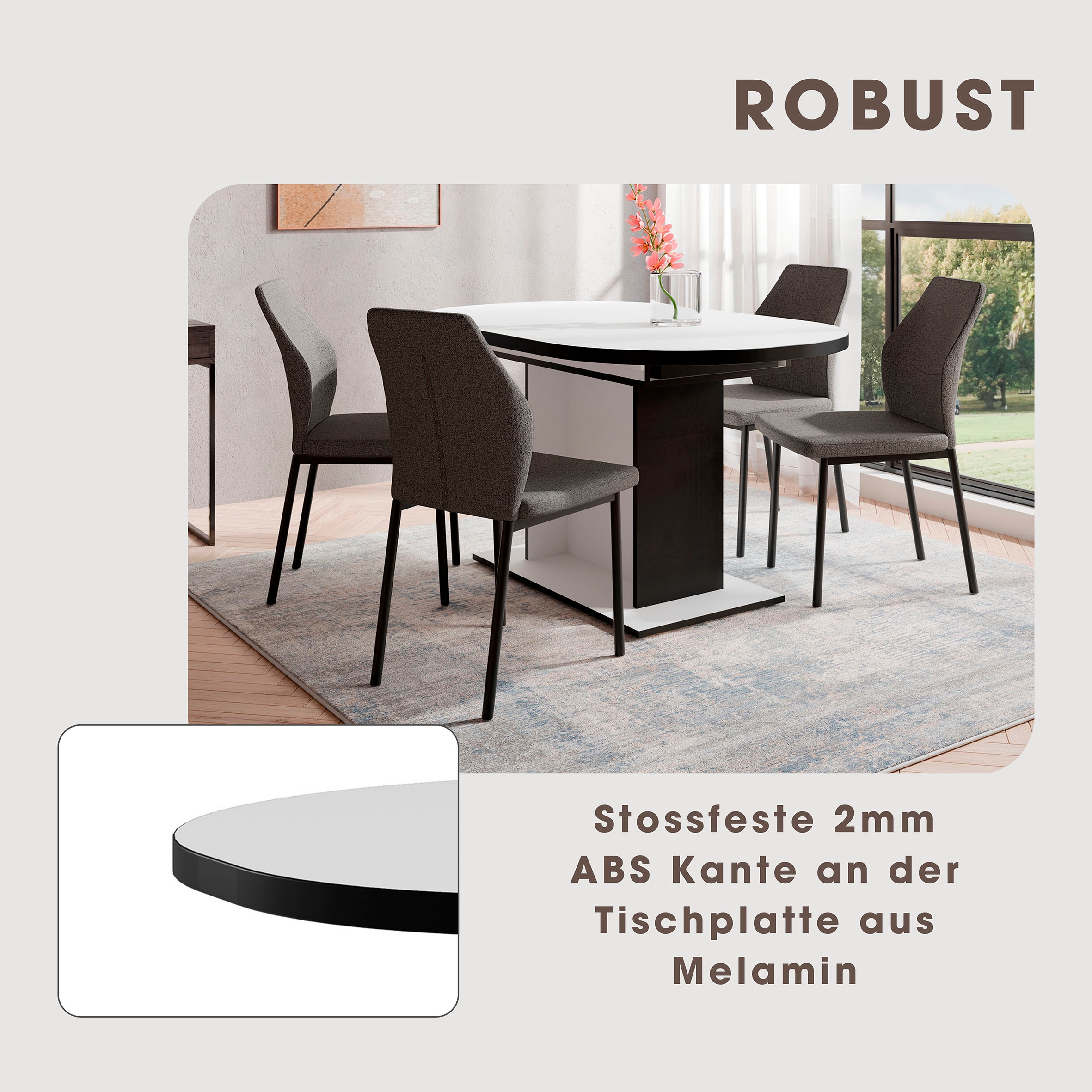 GOODproduct Essgruppe »Basel, Tischgruppe mit 4 Stühlen, Esstisch ausziehbar 140 - 180 cm« Set, Otto's DAUERTIEFPREIS, 5 Stk. tlg. BESTSELLER, Sitzgruppe, Tisch, Stühle, ovale Tischplatte, Säulentisch