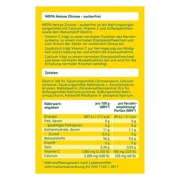 Wepa heiße Zitrone + Vitamin C + Calcium zuckerfrei Pulver, 10X10 g