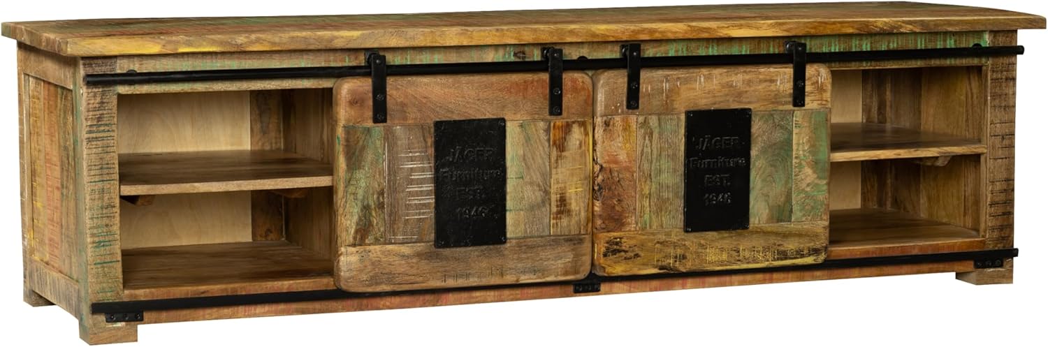 SAM Lowboard Libro II, Mangoholz massiv + bunt, TV-Board/Fernsehkommode mit 2 Holzschiebetüren & 6 offenen Fächern, Türelemente & Reling aus Eisen, 180 x 50 x 55 cm, Shabby Chic
