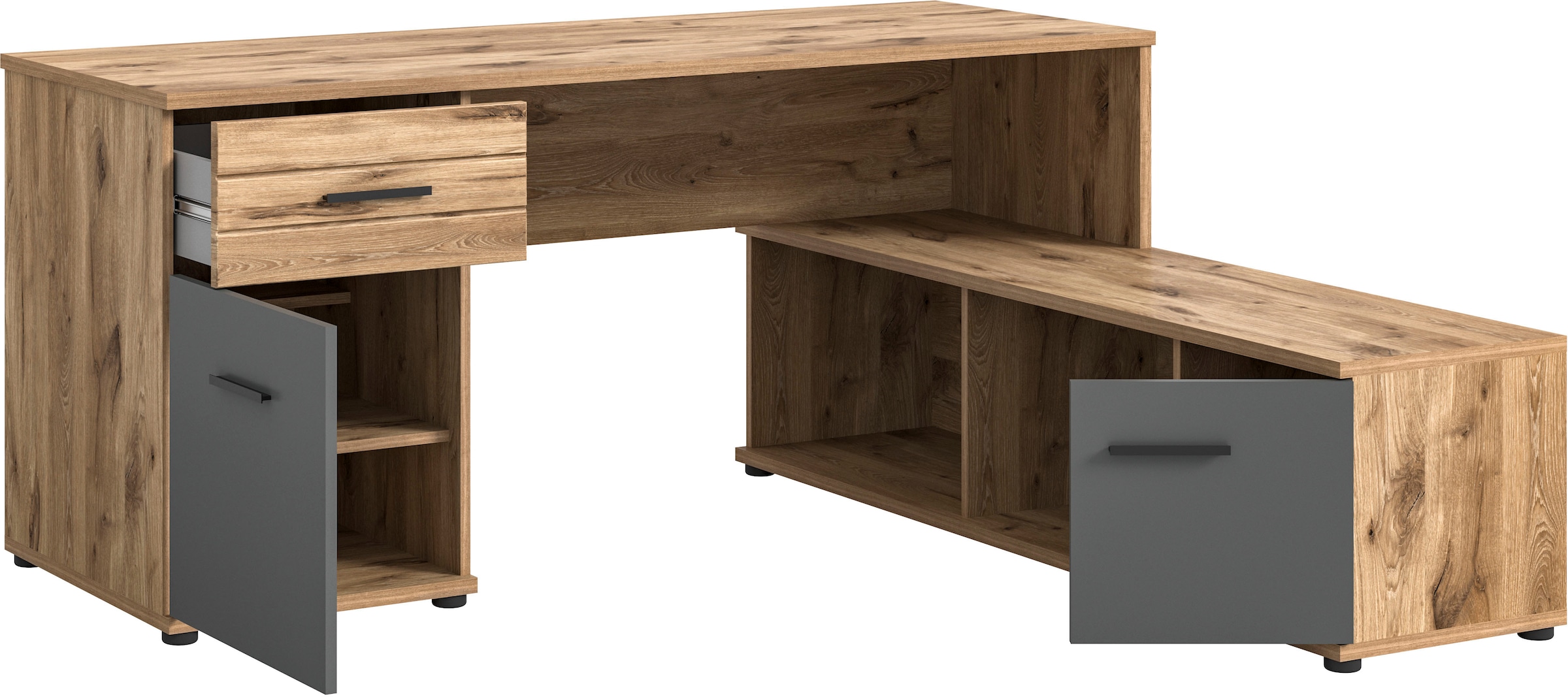 INOSIGN Eckschreibtisch »Riga, Breite 170cm, in Nox Oak Nachbildung und Basalt grau« Bürotisch, Schreibtisch, Ecktisch, Arbeitszimmer, Computertisch
