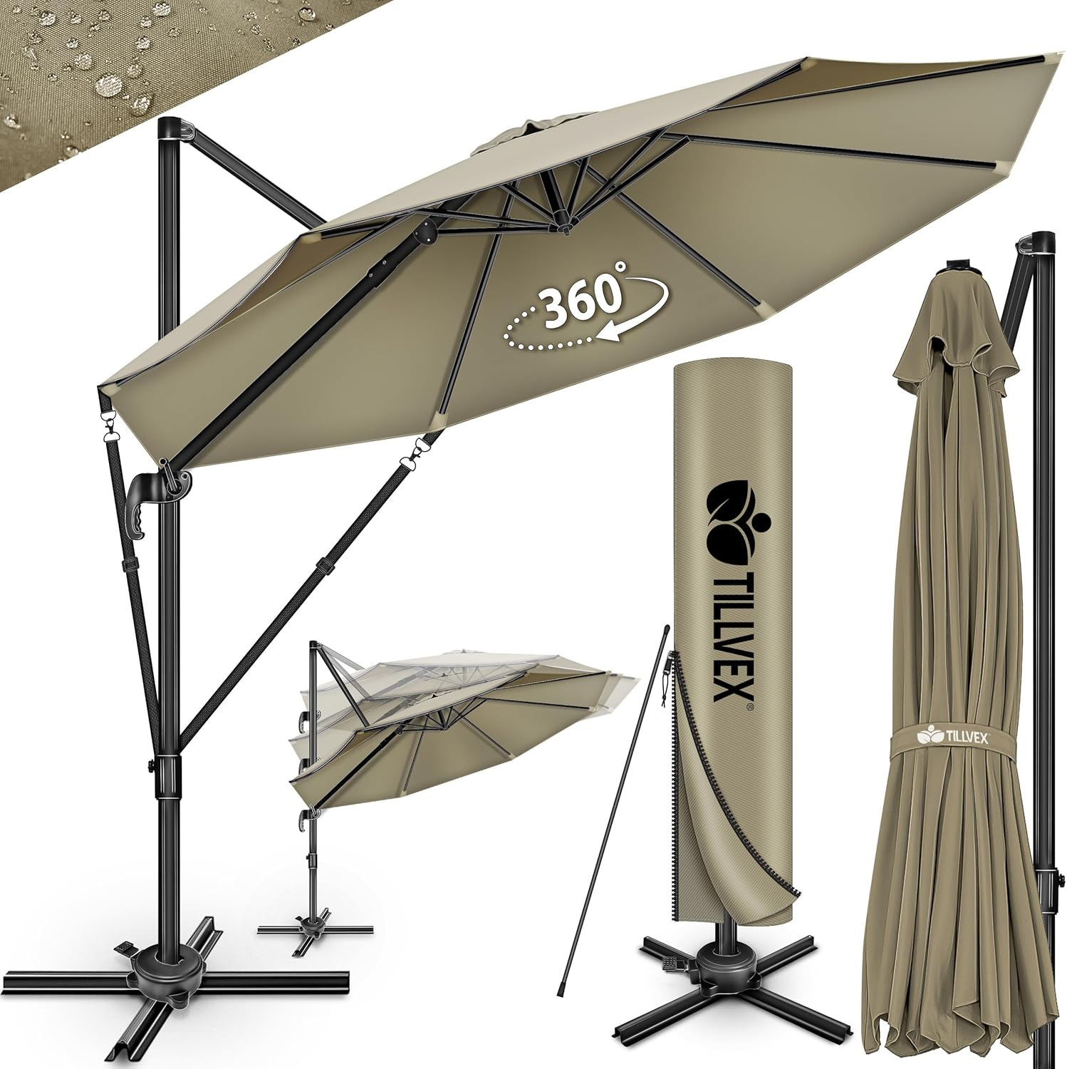 tillvex® Premium Alu Sonnenschirm 330 cm + Abdeckung & Windsicherung | Ampelschirm 6-Fach verstellbar mit Kurbel | Gartenschirm 360° Drehbar Neigbar Kippbar | UV50+ wasserdicht