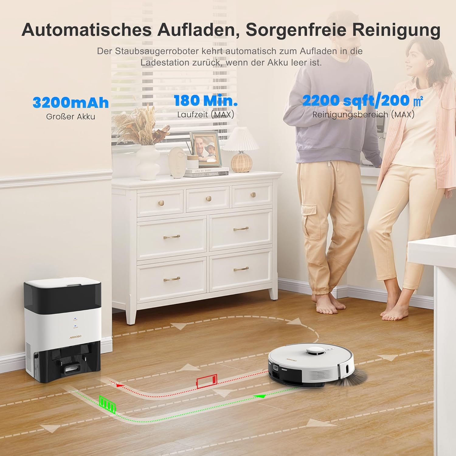 AIRROBO Saugroboter mit Wischfunktion, 3.5L Staubsauger Roboter mit Absaugstation, 180Min Laufzeit, LiDAR Navigation, Starker Saugkraft, Automatischer Entleerung, App-Steuerung