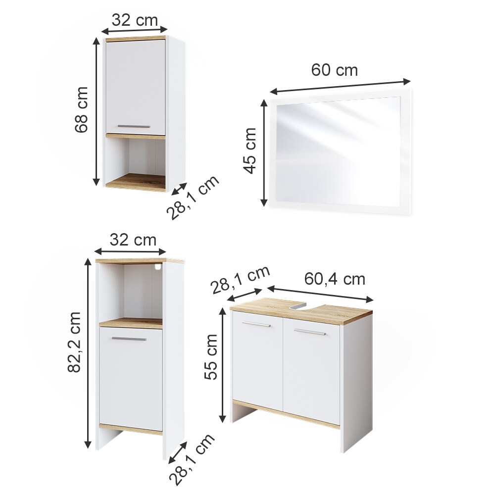 Vicco Badmöbelset Waschtischunterschrank Badspiegel Midischrank Hängeschrank Elvio Weiß Sonoma