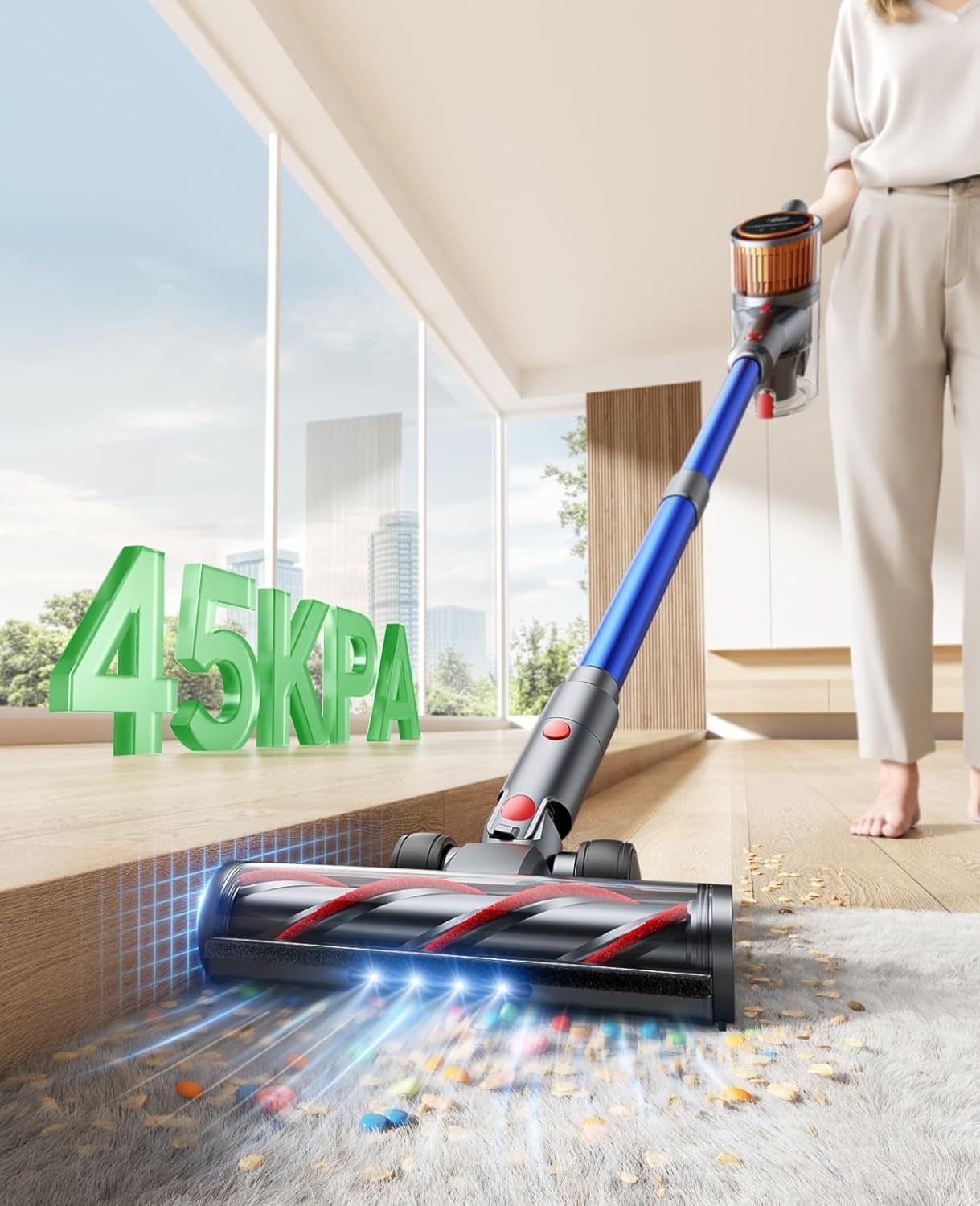 SunSare Akku Staubsauger Kabellos 550W/45000Pa/60min Laufzeit, Kabelloser Staubsauger mit Ladestation, Leichter Freistehend Akkustaubsauger, Super Leise Akkusauger für Hartböden Teppiche Tierhaare