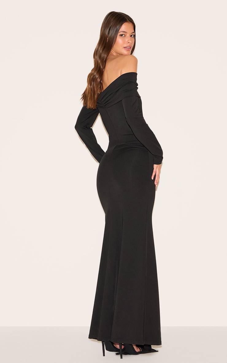 Noir Robe Longue Bardot À Manches Longues Avec Détails Drapés Et Finitions