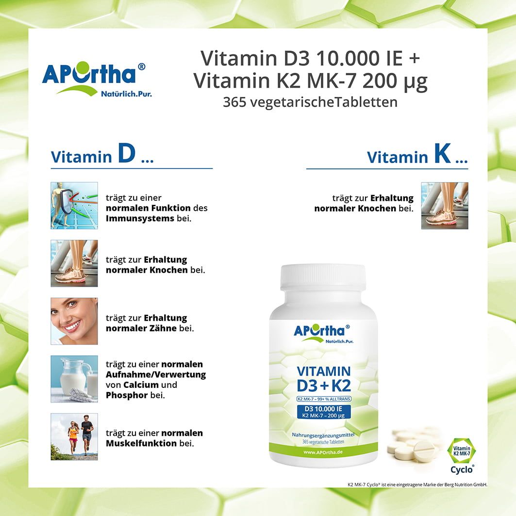 APOrtha® Vitamin D3 10.000 IE + Natto Vitamin K2 MK-7 Cyclo® Tabletten - 200 µg