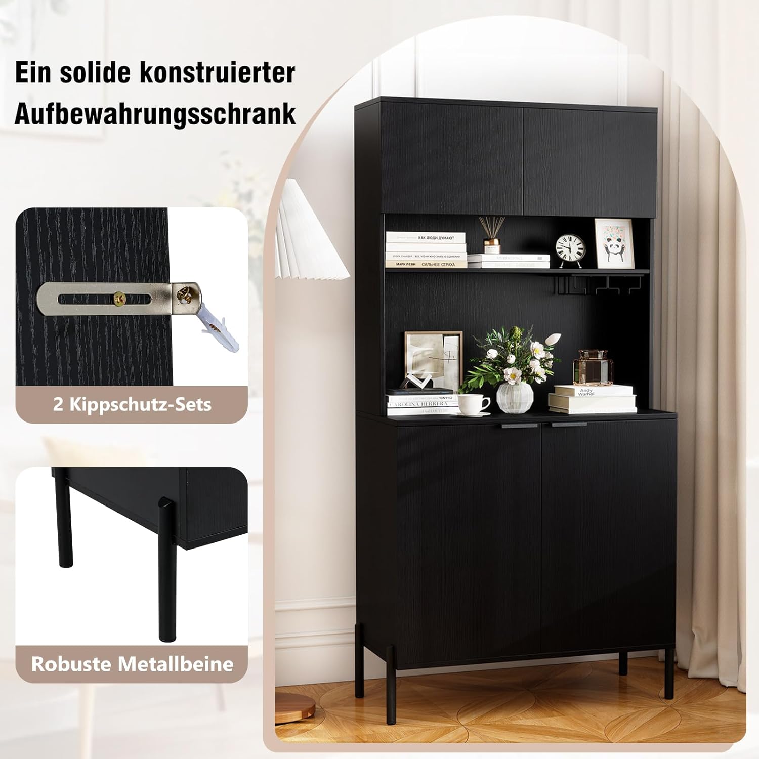 COSTWAY Küchenschrank Holz, Buffetschrank mit Ladestation, Hochschrank mit Türen, Weinglashalter & Arbeitsplatte, Vorratsschrank Aufbewahrungsschrank, für Küche Esszimmer, 80x40x164 cm, Schwarz