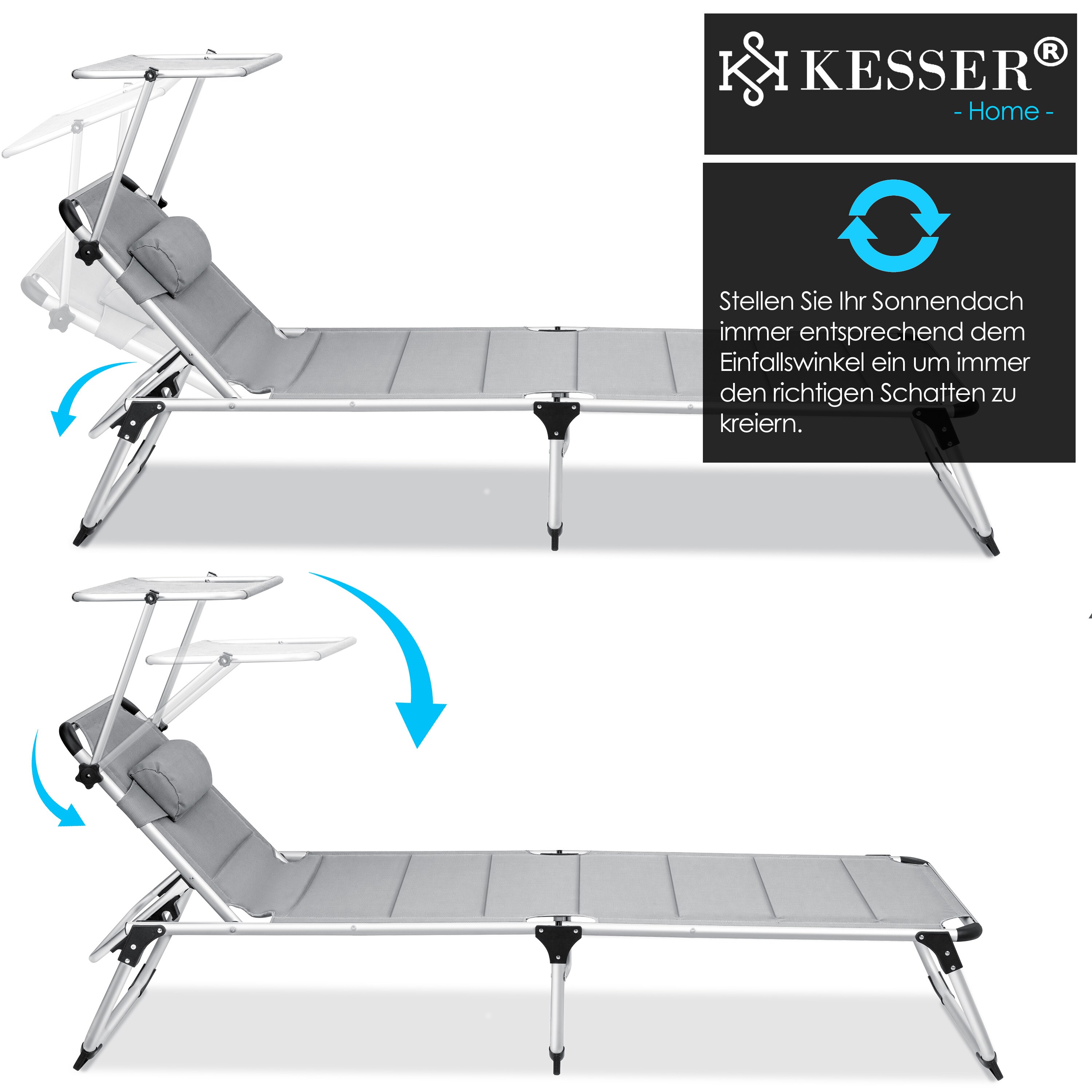 KESSER® Sonnenliege SUN mit Dach Gartenliege Liegestuhl klappbar Sonnendach Verstellbarer Rückenlehne , ergonomisch, gepolsterter Liegefläche, Aluminium Liege Gartenstuhl tragbar Strandliege