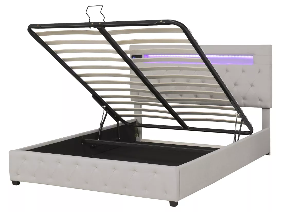Lit coffre 140x200cm en lin avec Led + ports USB + lecteur bluetooth - sommier à lattes - Beige