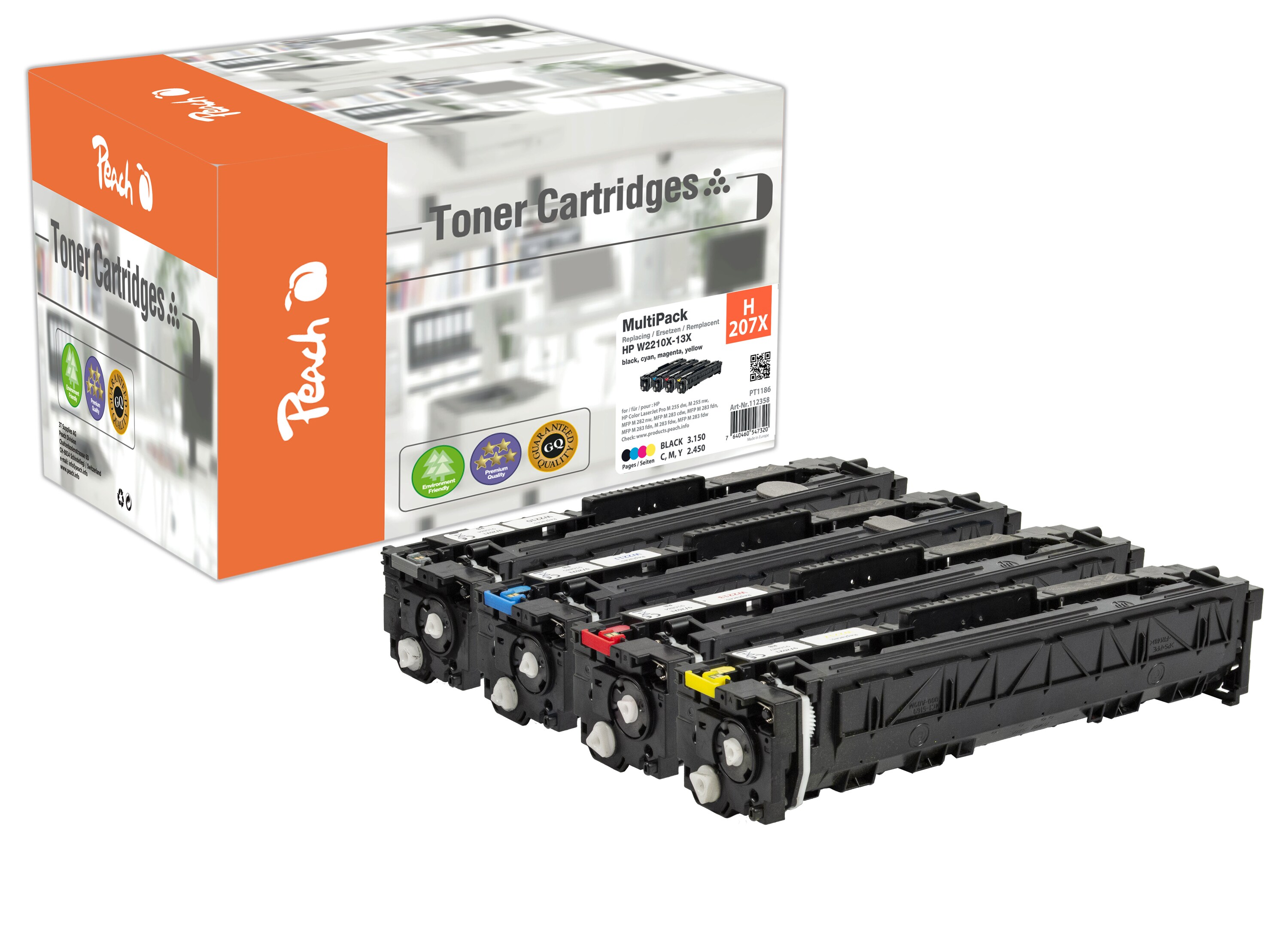 Peach HP 207 X 4 Toner XL (bk, c/m/y) ersetzt HP No. 207X, W2210X, W2211X, W2212X, W2213X für z.B. HP Color LaserJet Pro MFP M 283 fdw (wiederaufbereitet)