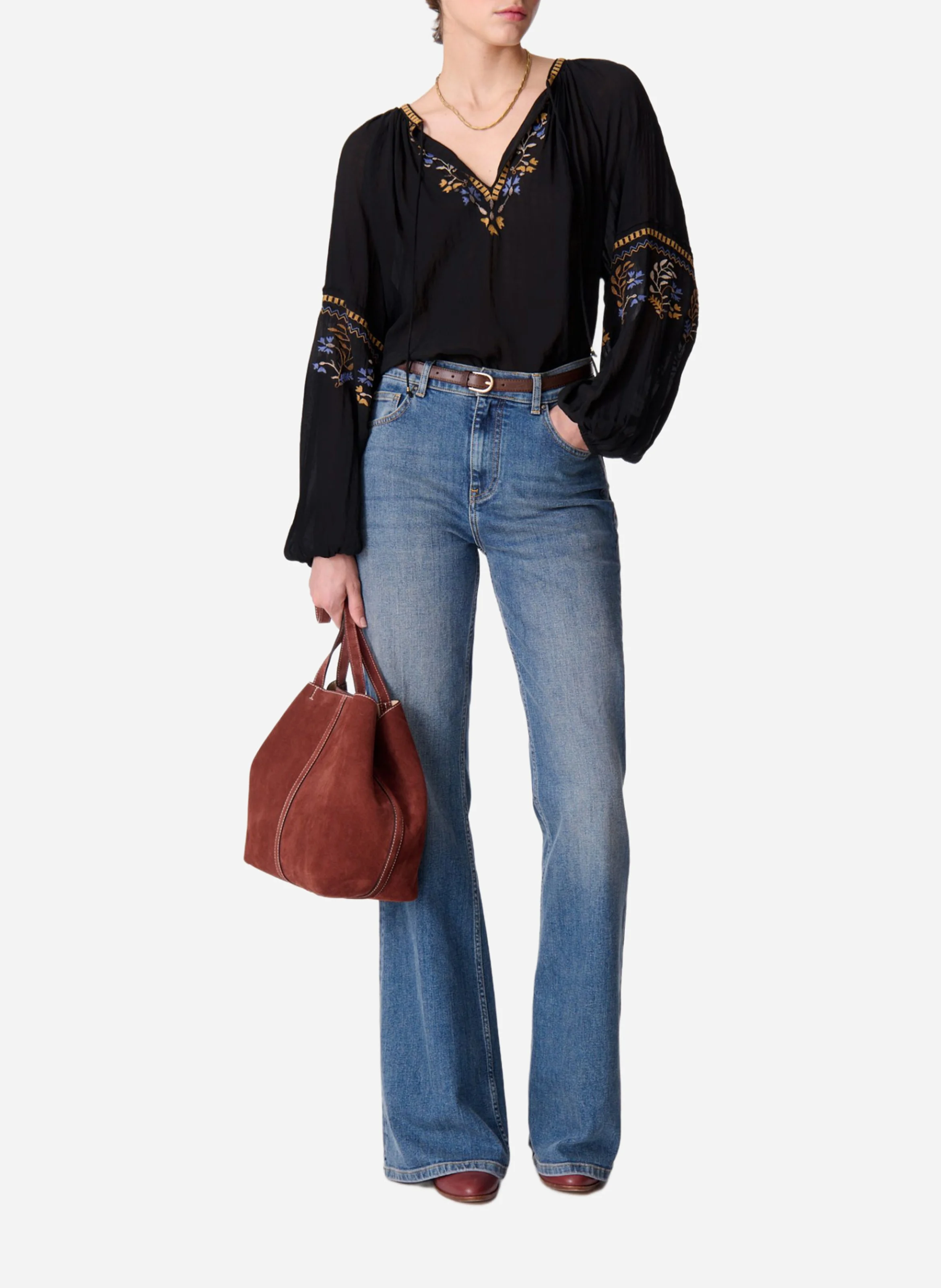 DYLAN - Blouse col tunisien brodée| Noir