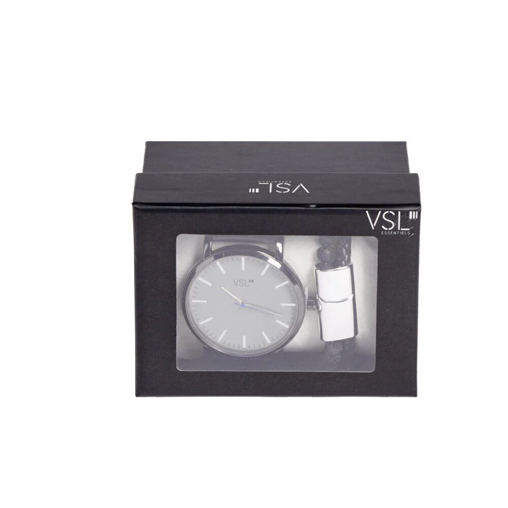 Ensemble montre et bracelet homme simili noir