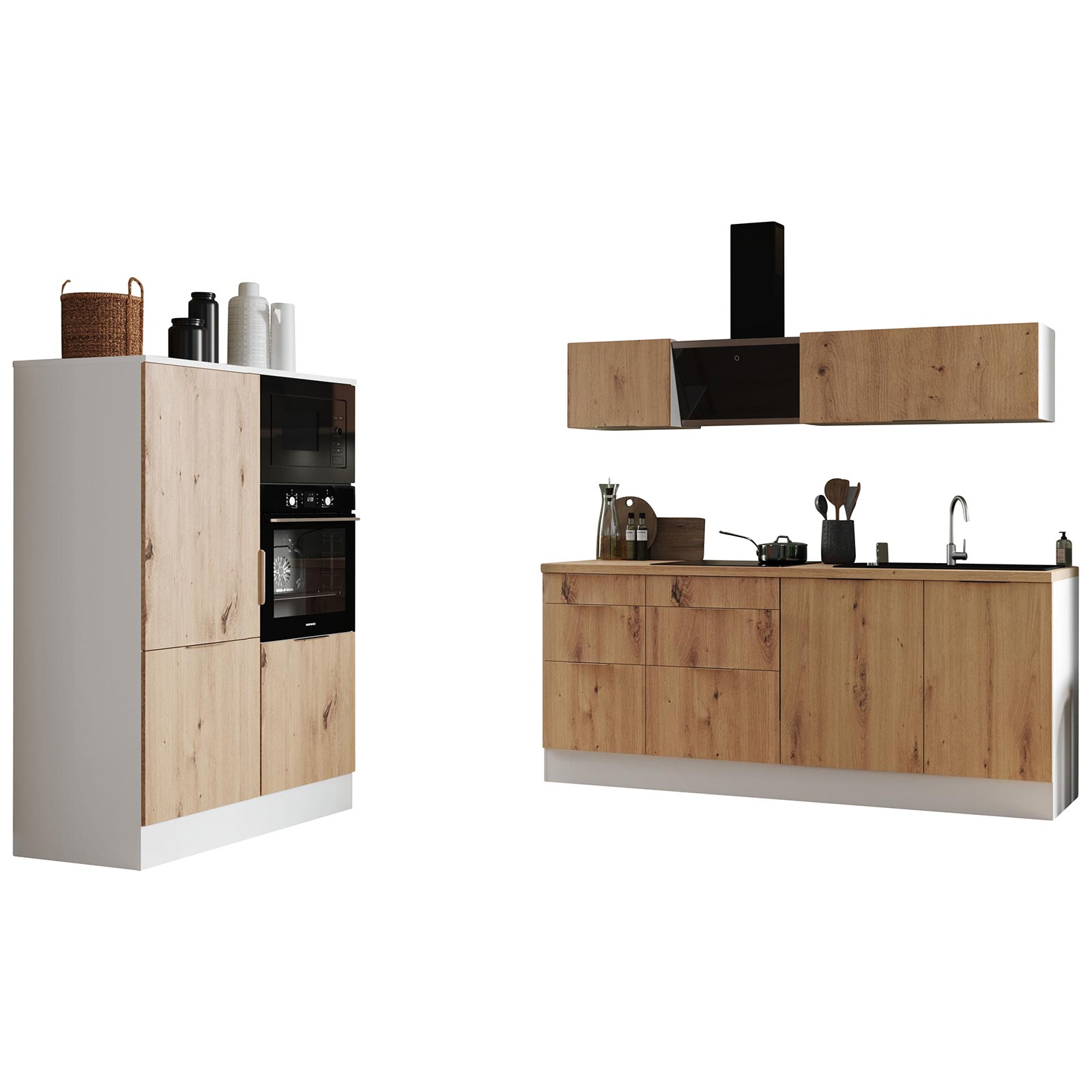 RESPEKTA Küchenblock - Artisan Eiche - weiß matt - mit E-Geräten - 340 cm